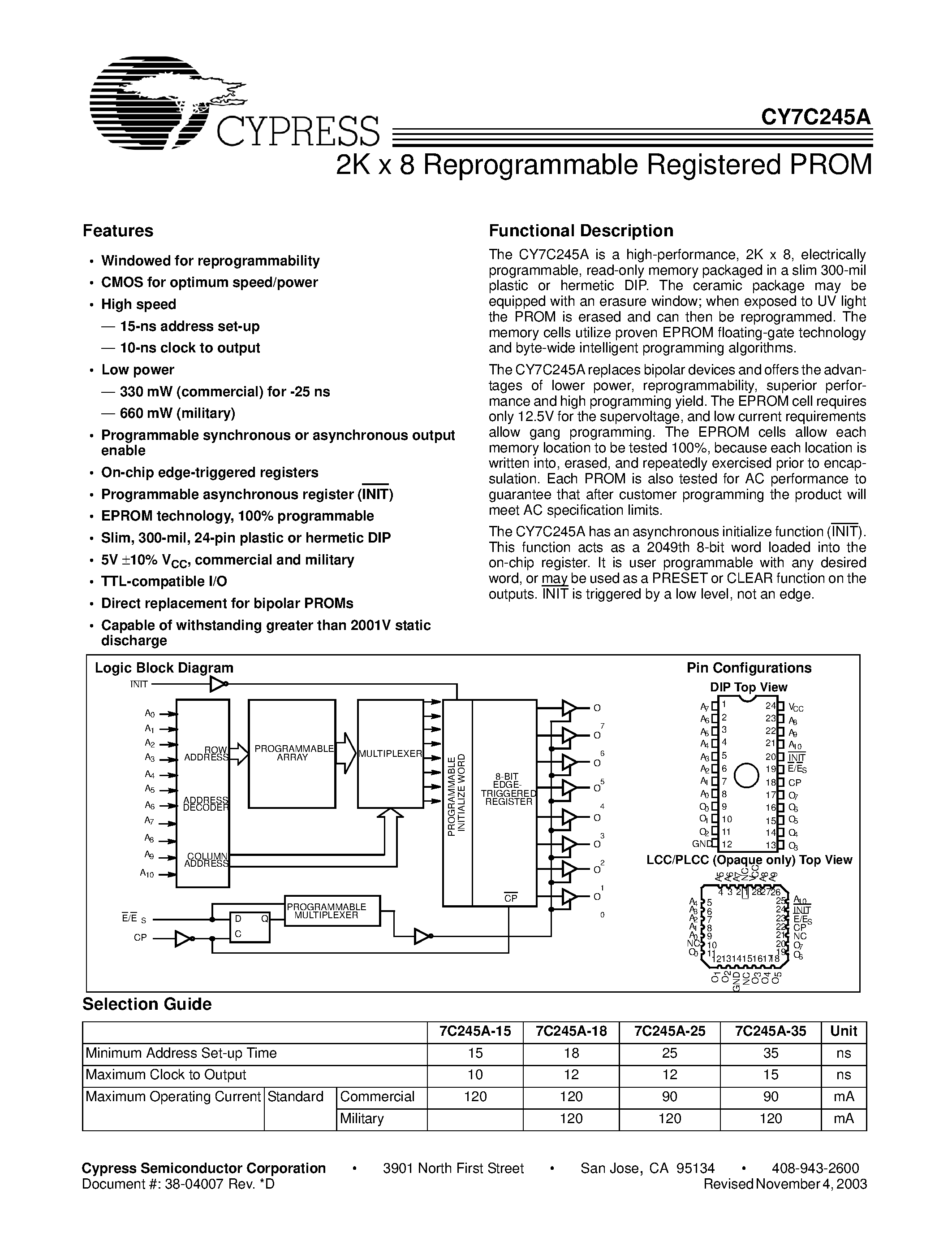 Даташит на микросхему CY7C245A-18PC страница 1 Даташит CY7C245A-18PC - 2K x 8 Reprogrammable Registered PROM страница 1