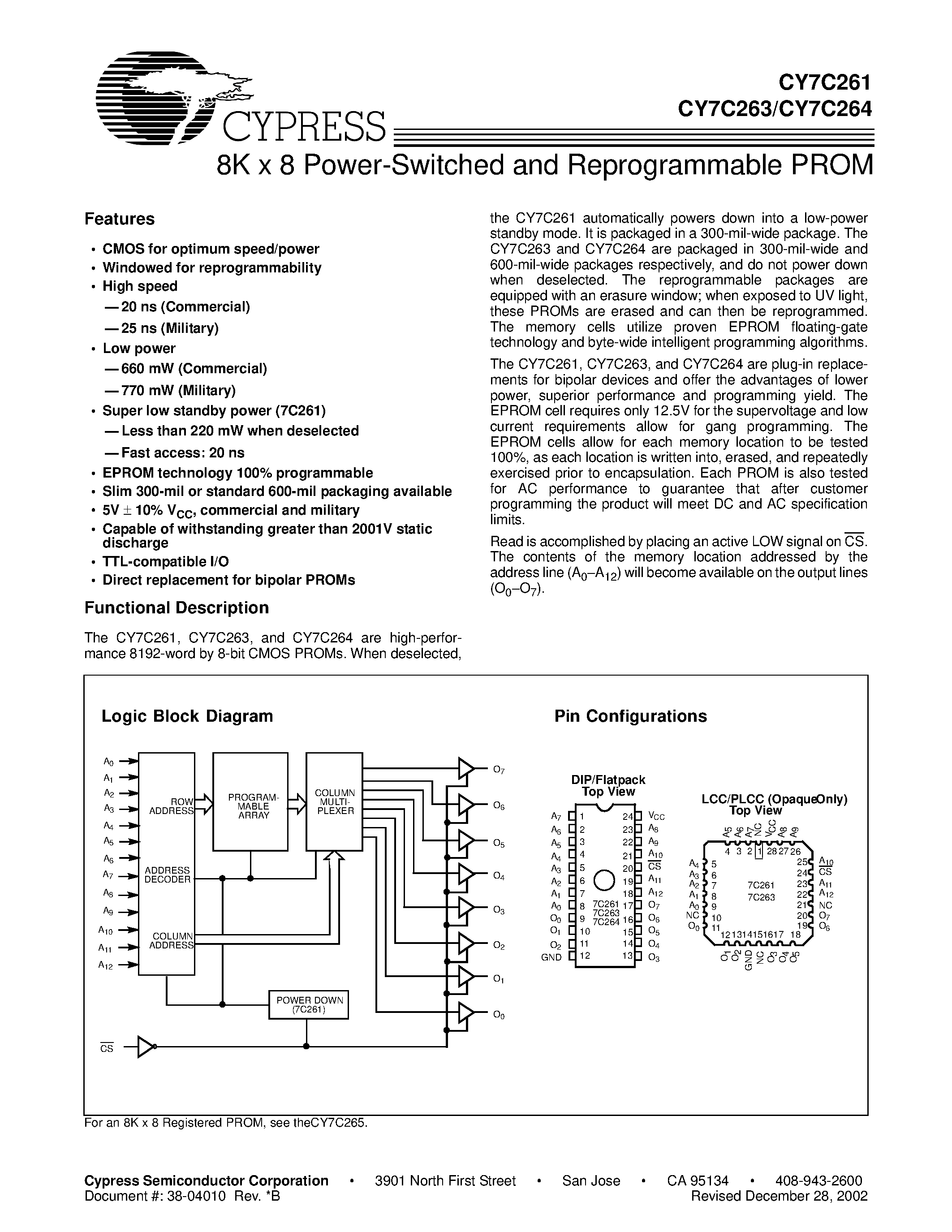 Даташит на микросхему CY7C261-45WMB страница 1 Даташит CY7C261-45WMB - 8K x 8 Power-Switched and Reprogrammable PROM страница 1