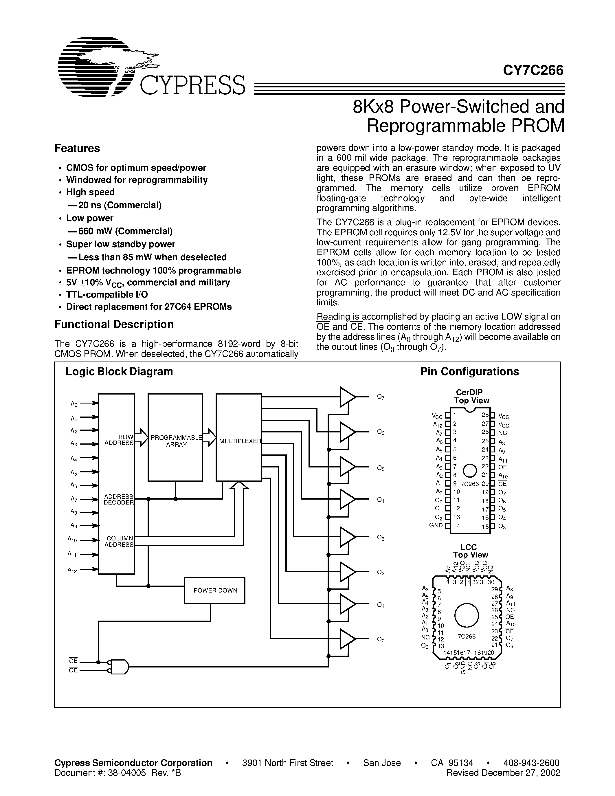 Даташит CY7C266-20JC - 8Kx8 Power-Switched and Reprogrammable PROM страница 1
