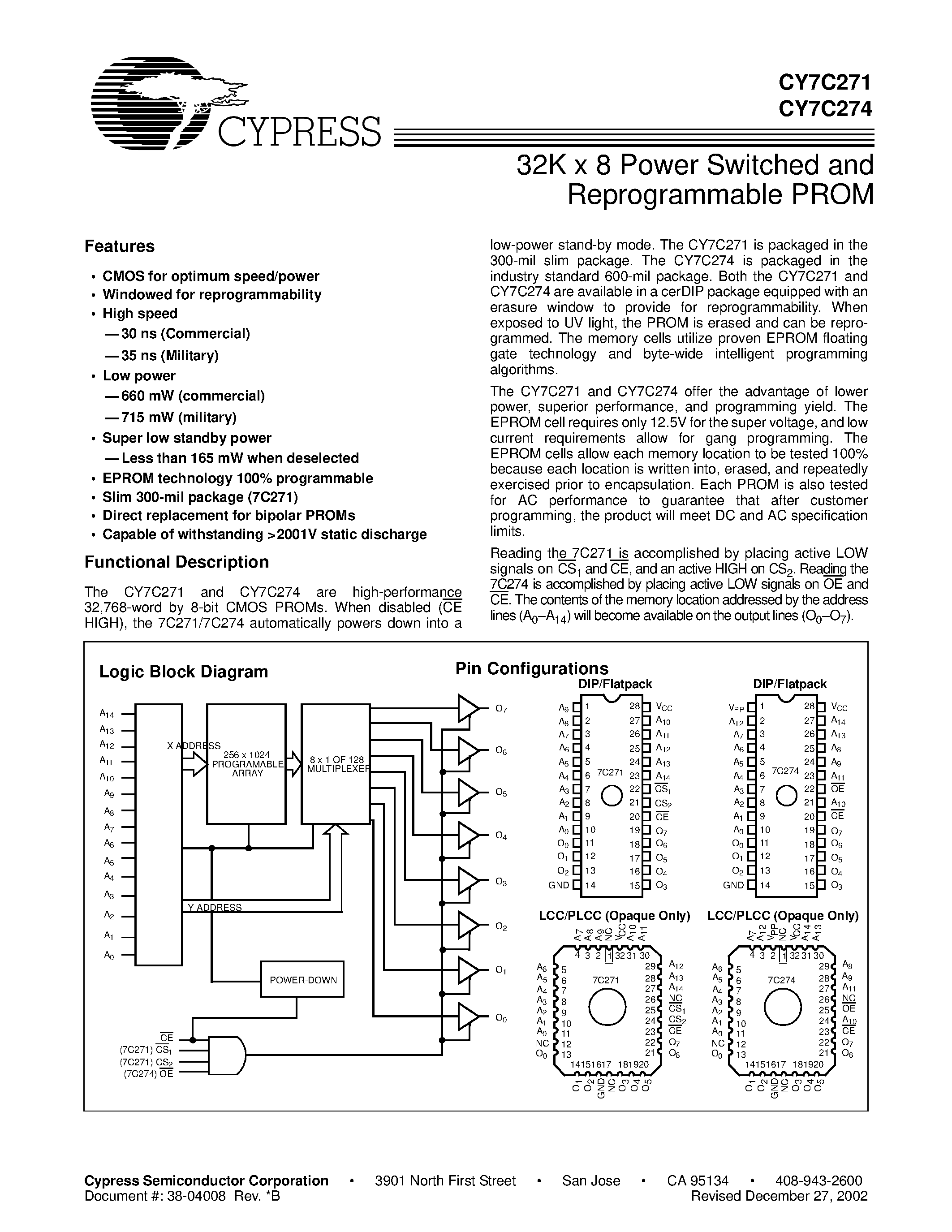 Даташит на микросхему CY7C274-35QMB страница 1 Даташит CY7C274-35QMB - 32K x 8 Power Switched and Reprogrammable PROM страница 1