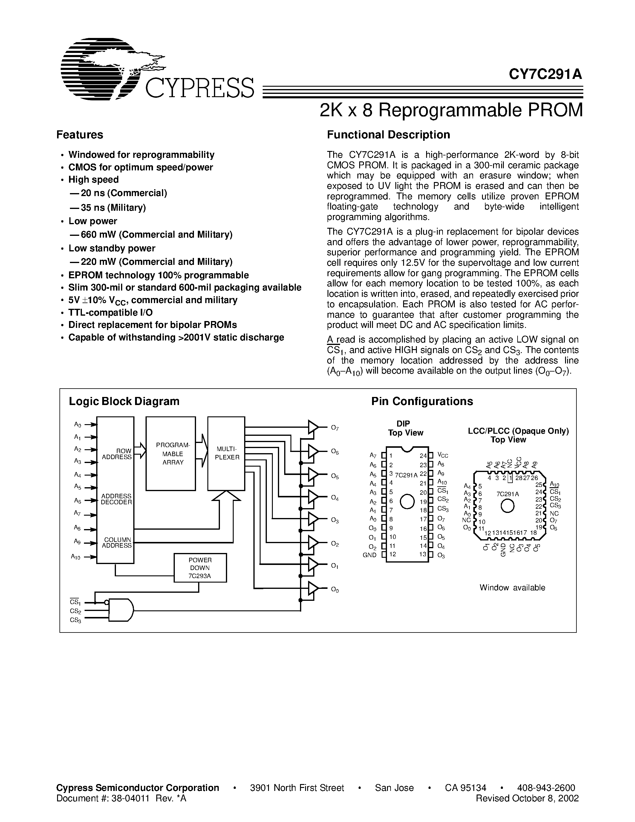 Даташит CY7C291A-25PC - 2K x 8 Reprogrammable PROM страница 1