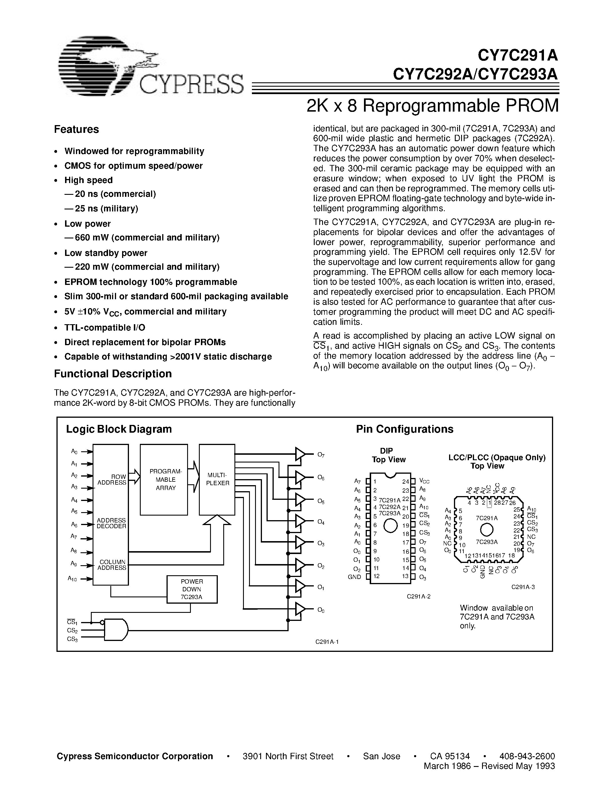 Даташит на микросхему CY7C291A-35SC страница 1 Даташит CY7C291A-35SC - 2K x 8 Reprogrammable PROM страница 1