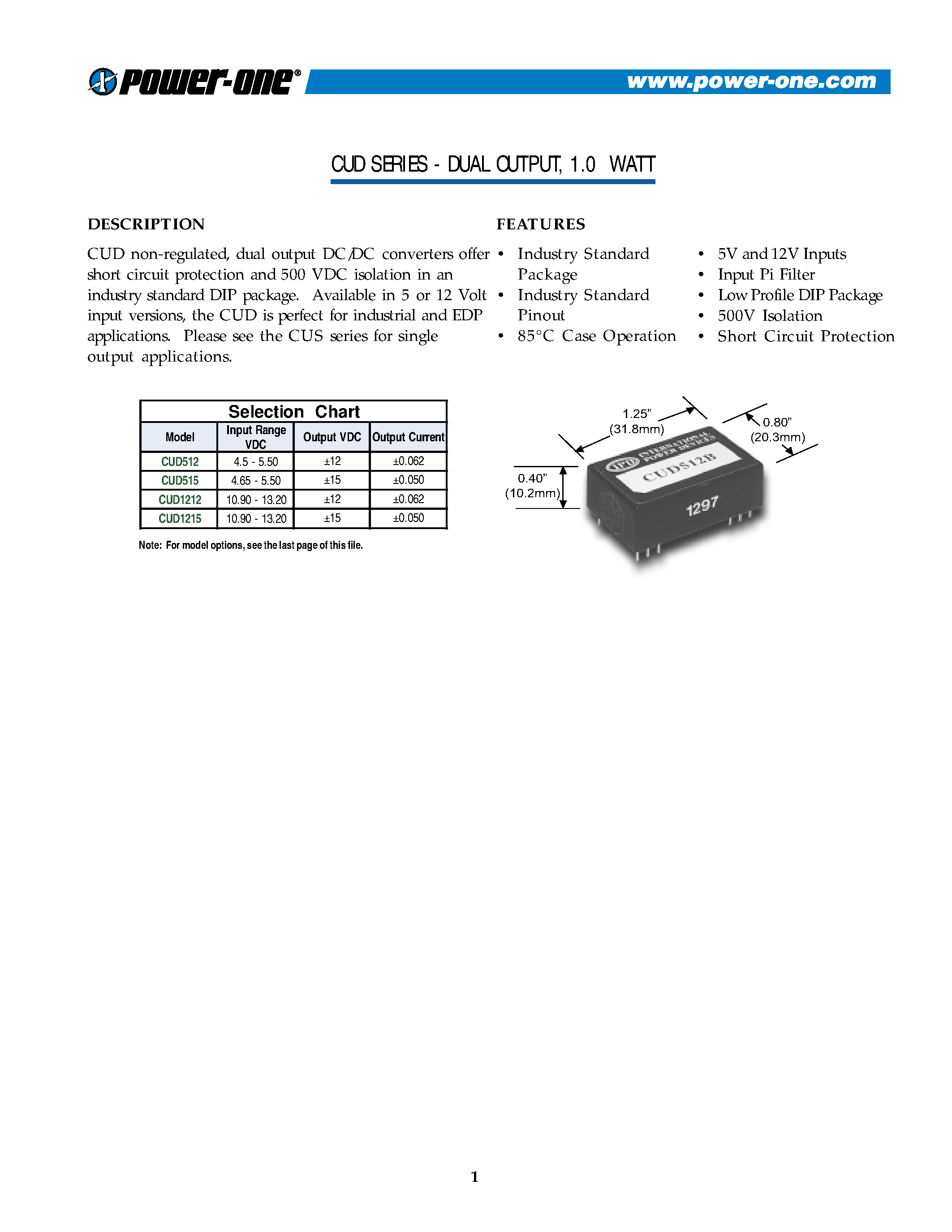 Datasheet CUD1215 page 1 Datasheet CUD1215 - DUAL OUTPUT/ 1.0 WATT page 1
