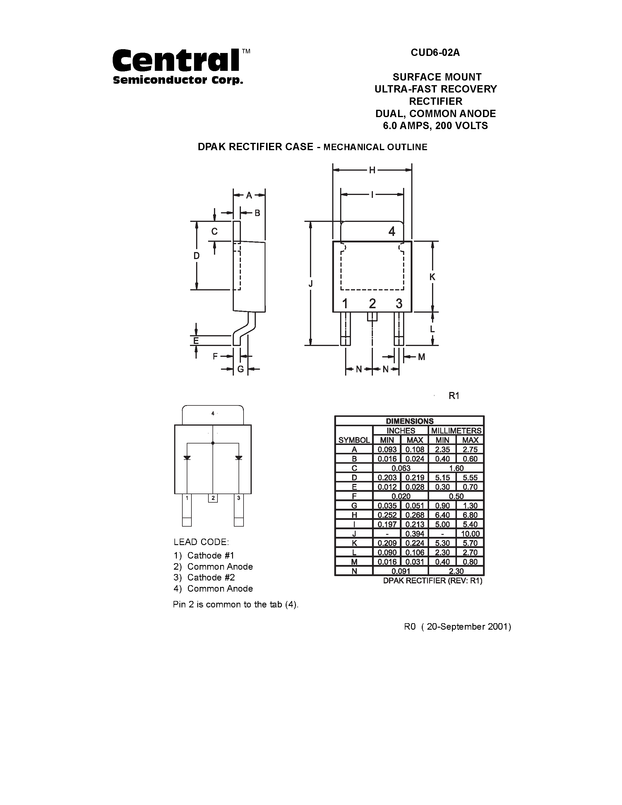 Datasheet CUD6-02 page 2 Datasheet CUD6-02 - SURFACE MOUNT ULTRA-FAST RECOVERY RECTIFIER DUAL/ COMMON ANODE 6.0 AMPS/ 200 VOLTS page 2