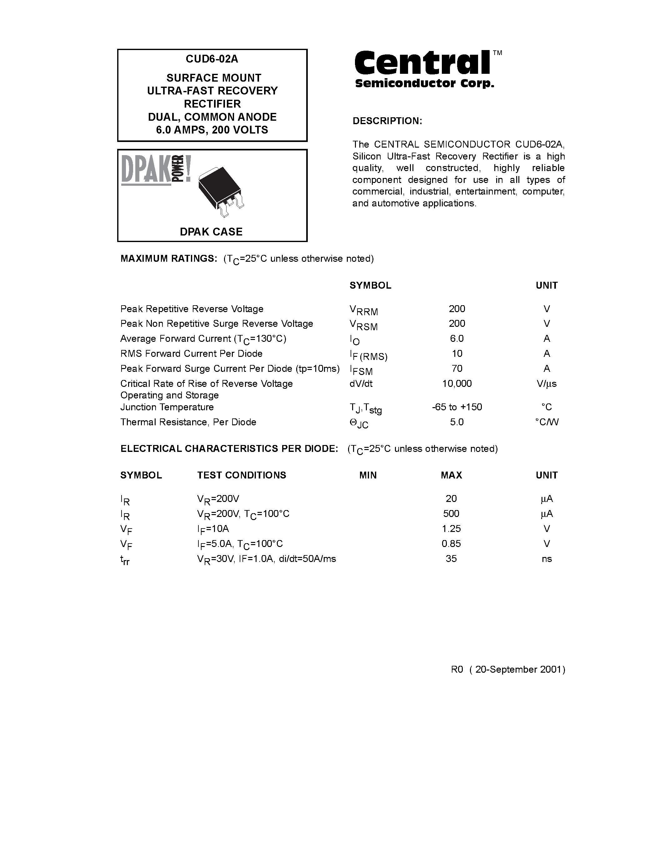 Datasheet CUD6-02A page 1 Datasheet CUD6-02A - SURFACE MOUNT ULTRA-FAST RECOVERY RECTIFIER DUAL/ COMMON ANODE 6.0 AMPS/ 200 VOLTS page 1