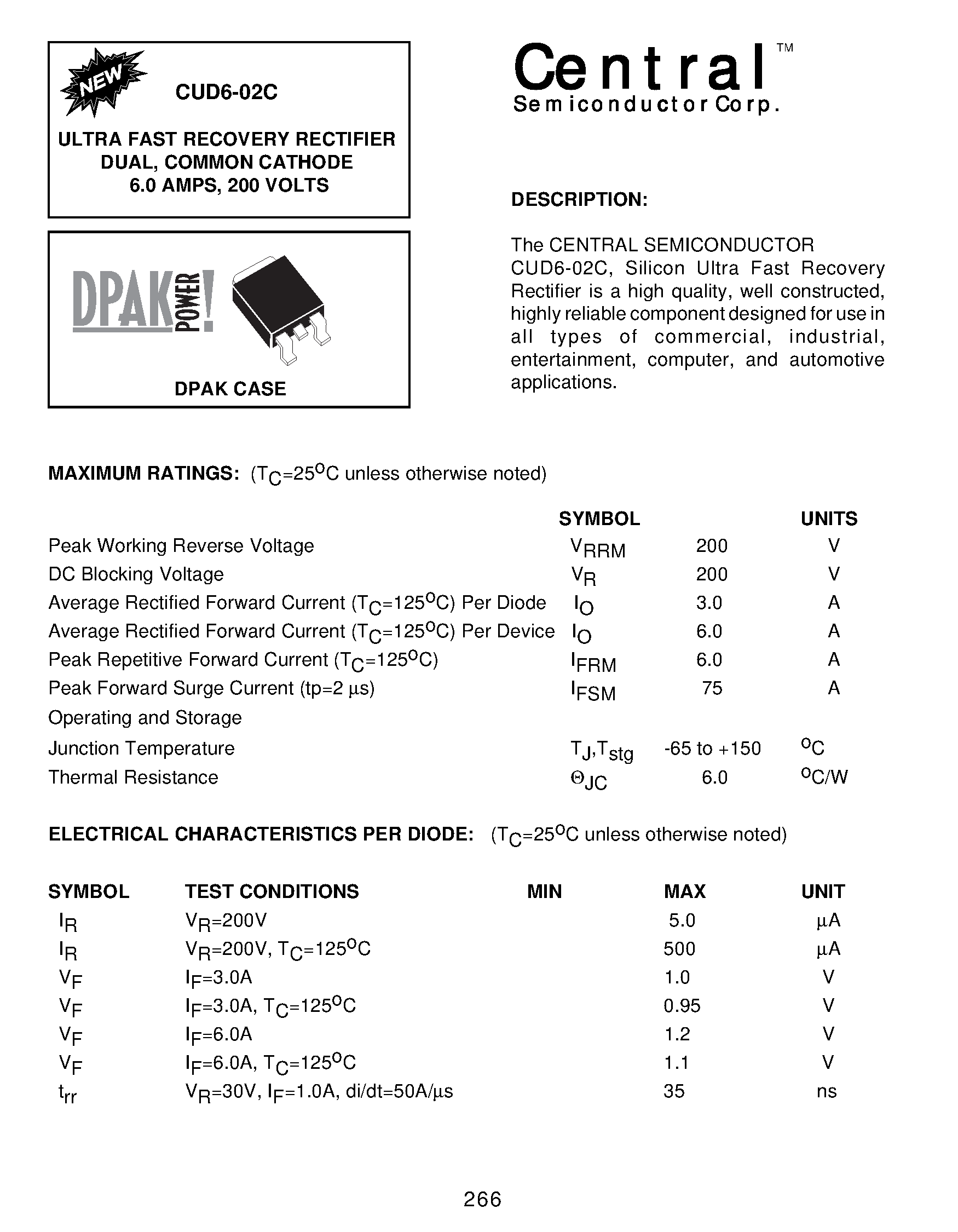 Datasheet CUD6-02C page 1 Datasheet CUD6-02C - ULTRA FAST RECOVERY RECTIFIER DUAL/ COMMON CATHODE 6.0 AMPS/ 200 VOLTS page 1