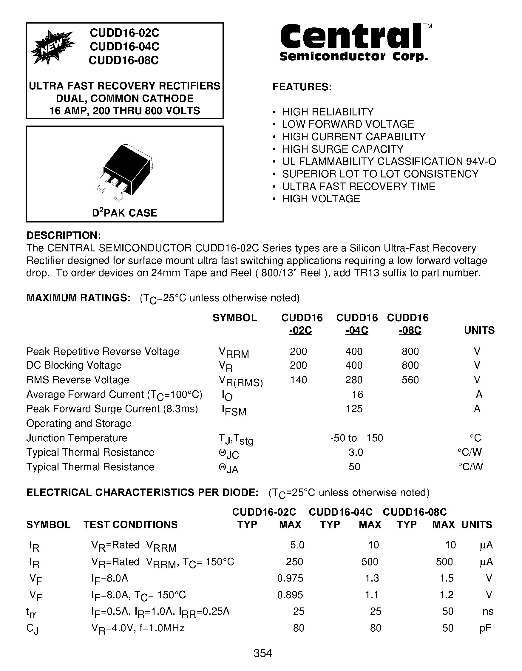 Datasheet CUDD16-04C page 1 Datasheet CUDD16-04C - ULTRA FAST RECOVERY RECTIFIERS DUAL/ COMMON CATHODE 16 AMP/ 200 THRU 800 VOLTS page 1