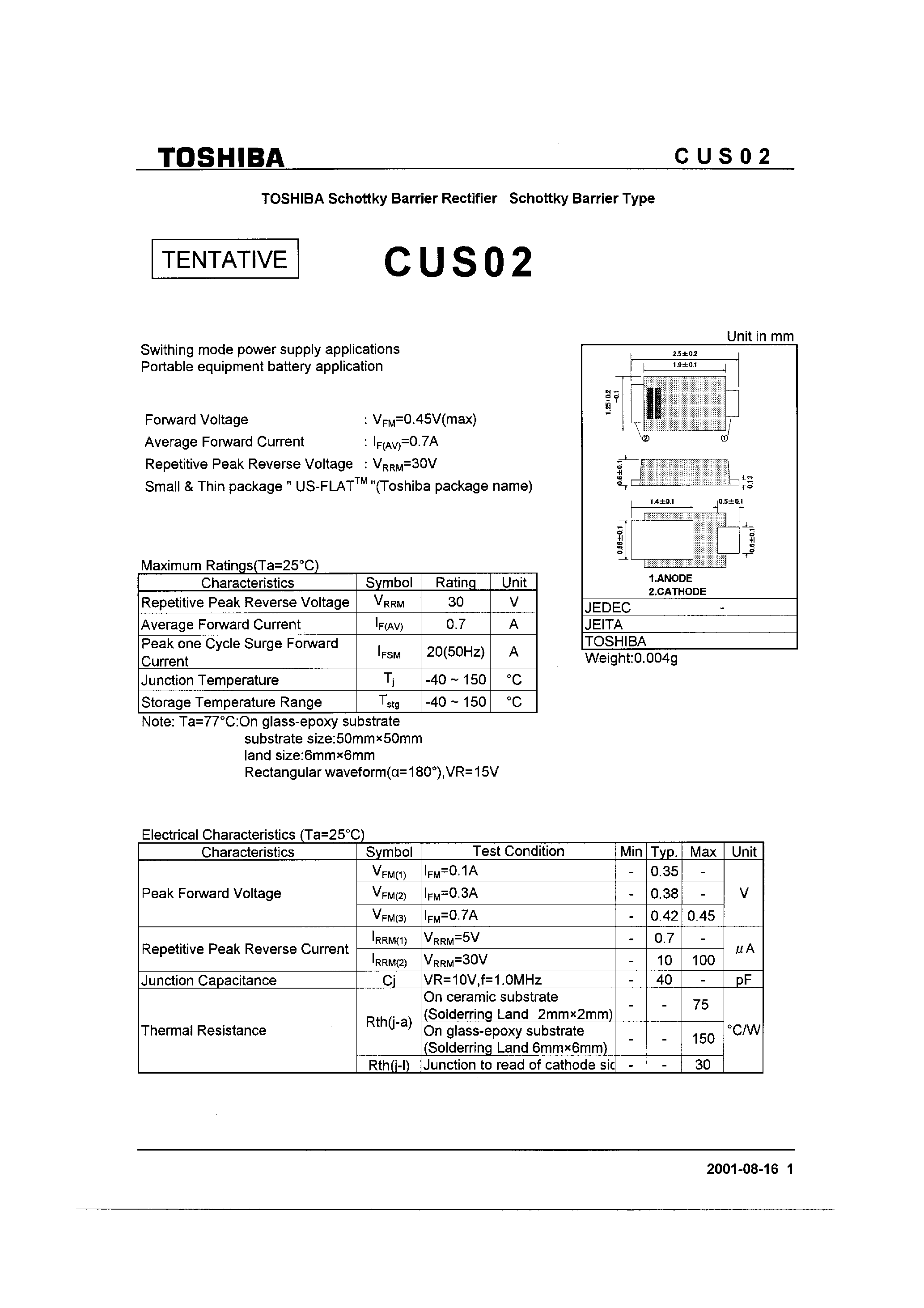 Datasheet CUS02 page 1 Datasheet CUS02 - SCHOTTKY BARRIER RECTIFIER SCHTTKY BARRIER TYPE page 1