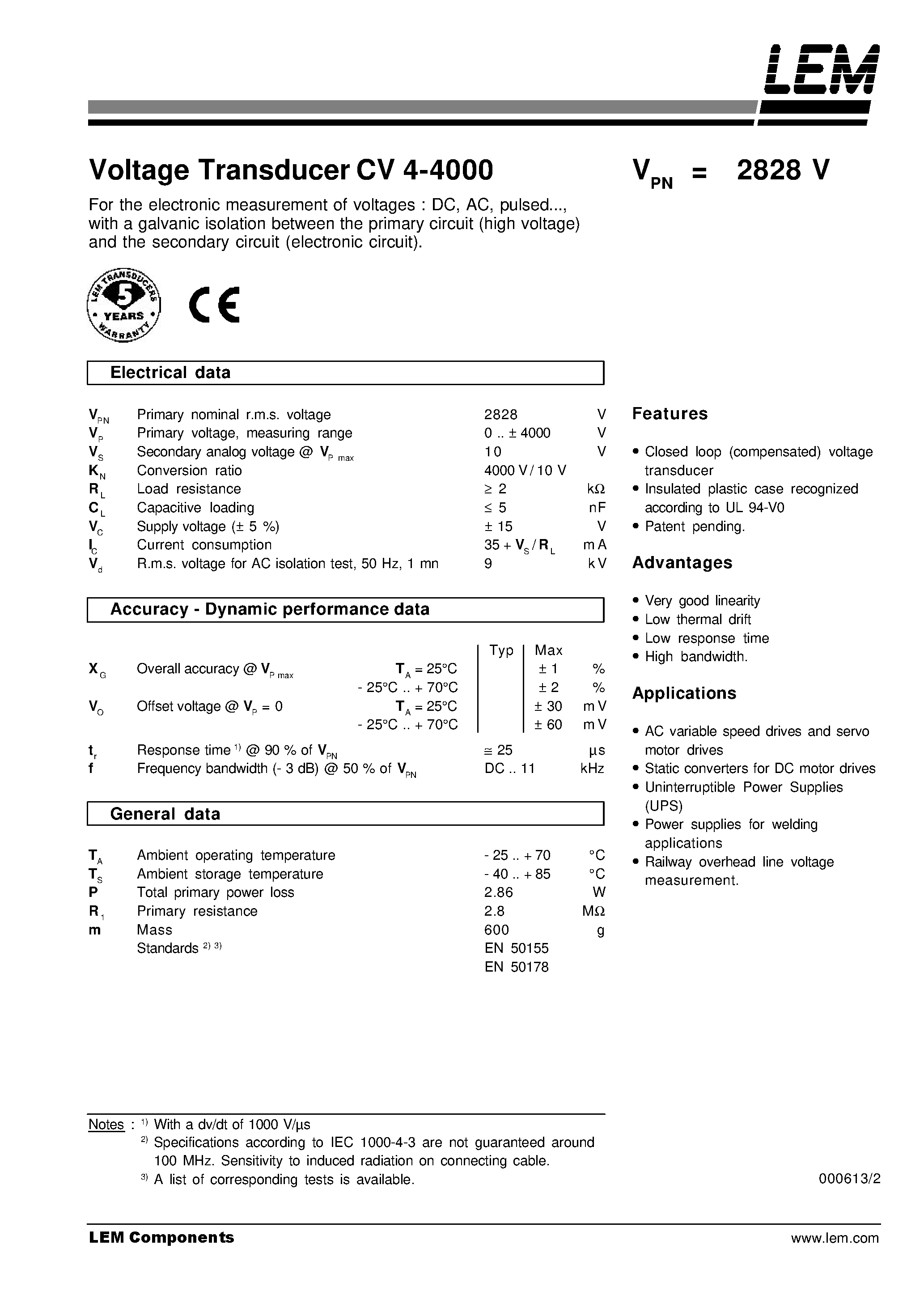 Datasheet CV4-4000 - Voltage Transducer CV 4-4000 page 1