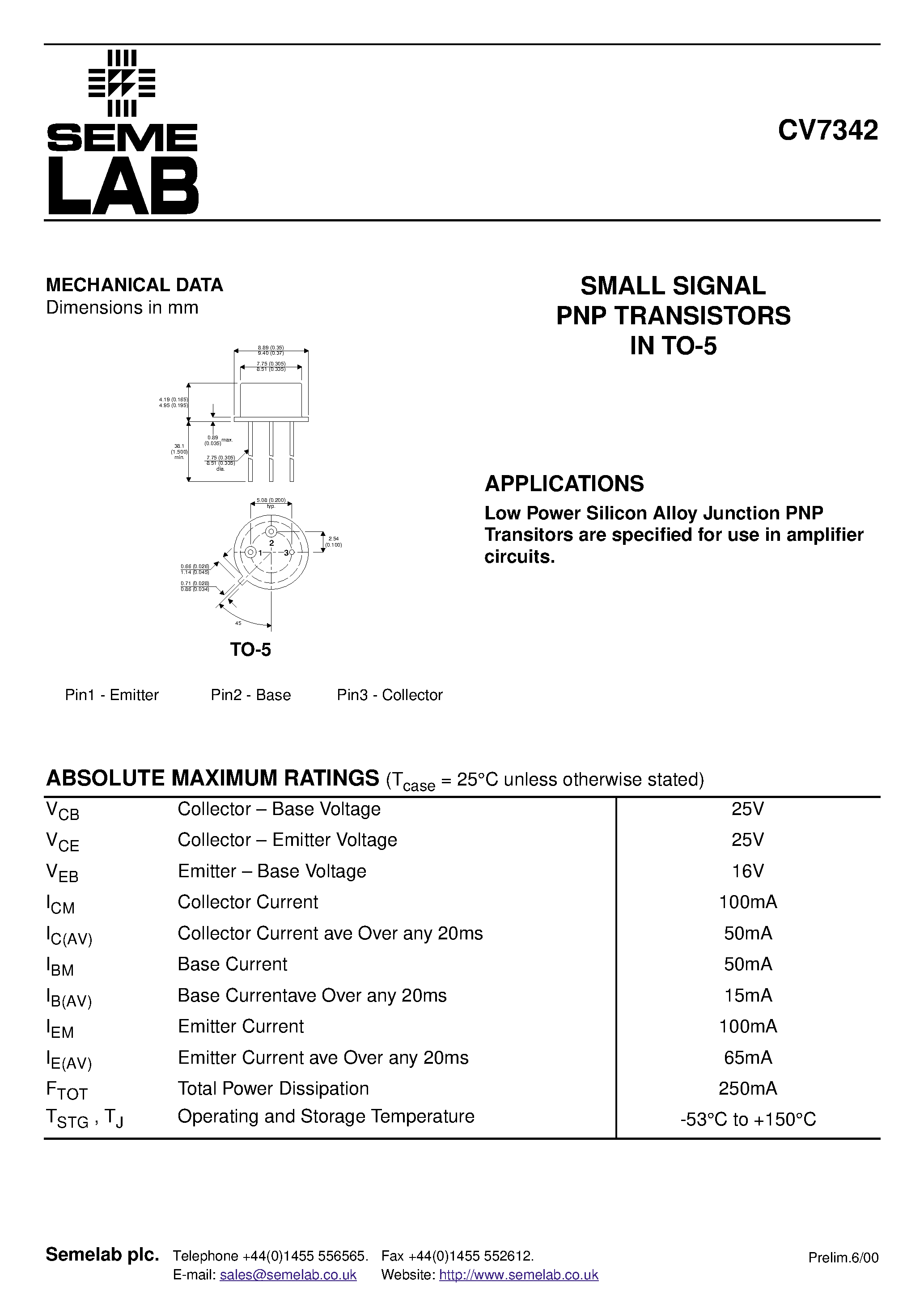 Даташит CV7342 - SMALL SIGNAL PNP TRANSISTORS IN TO-5 страница 1