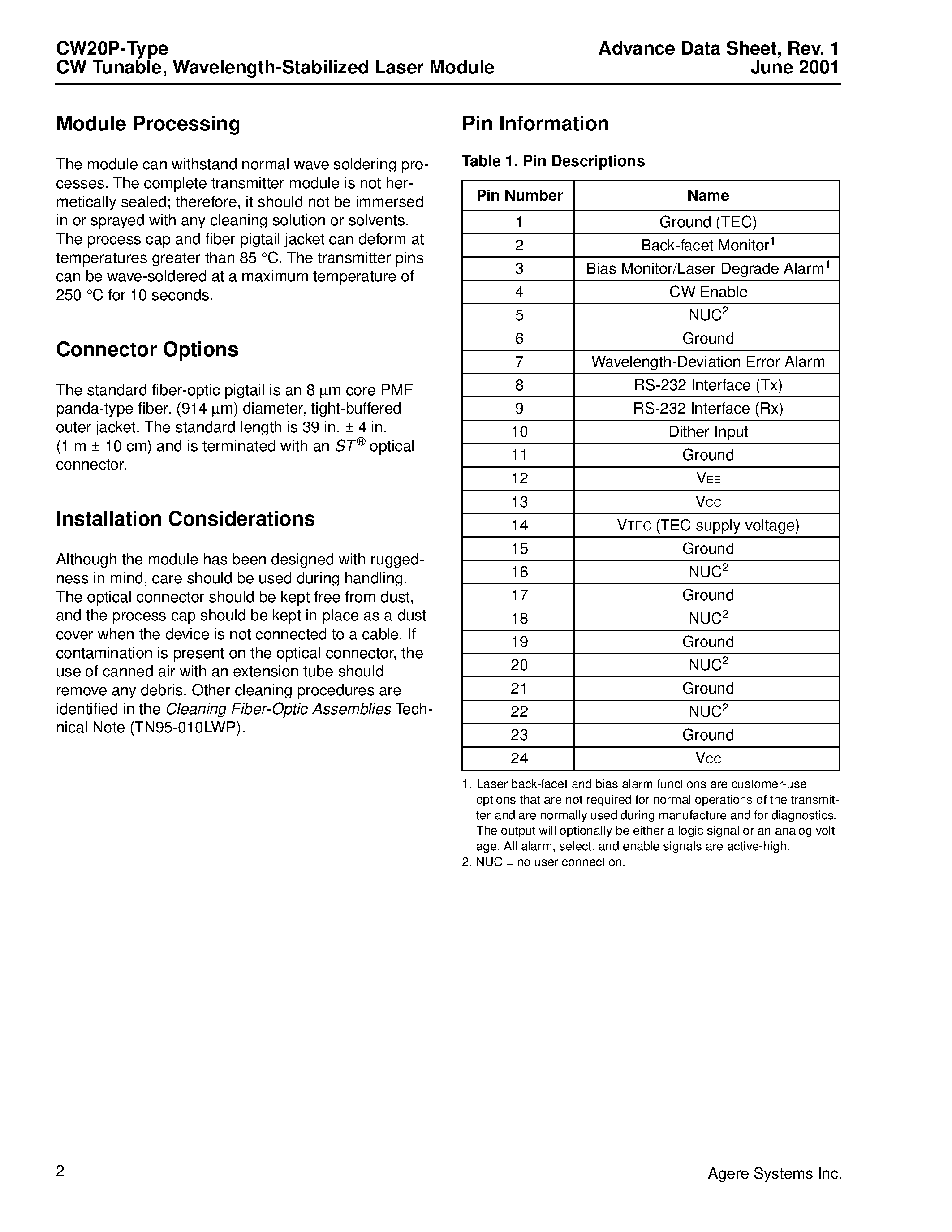 Datasheet CW22P51 - CW20P-Type CW Tunable/ Wavelength-Stabilized Laser Module page 2