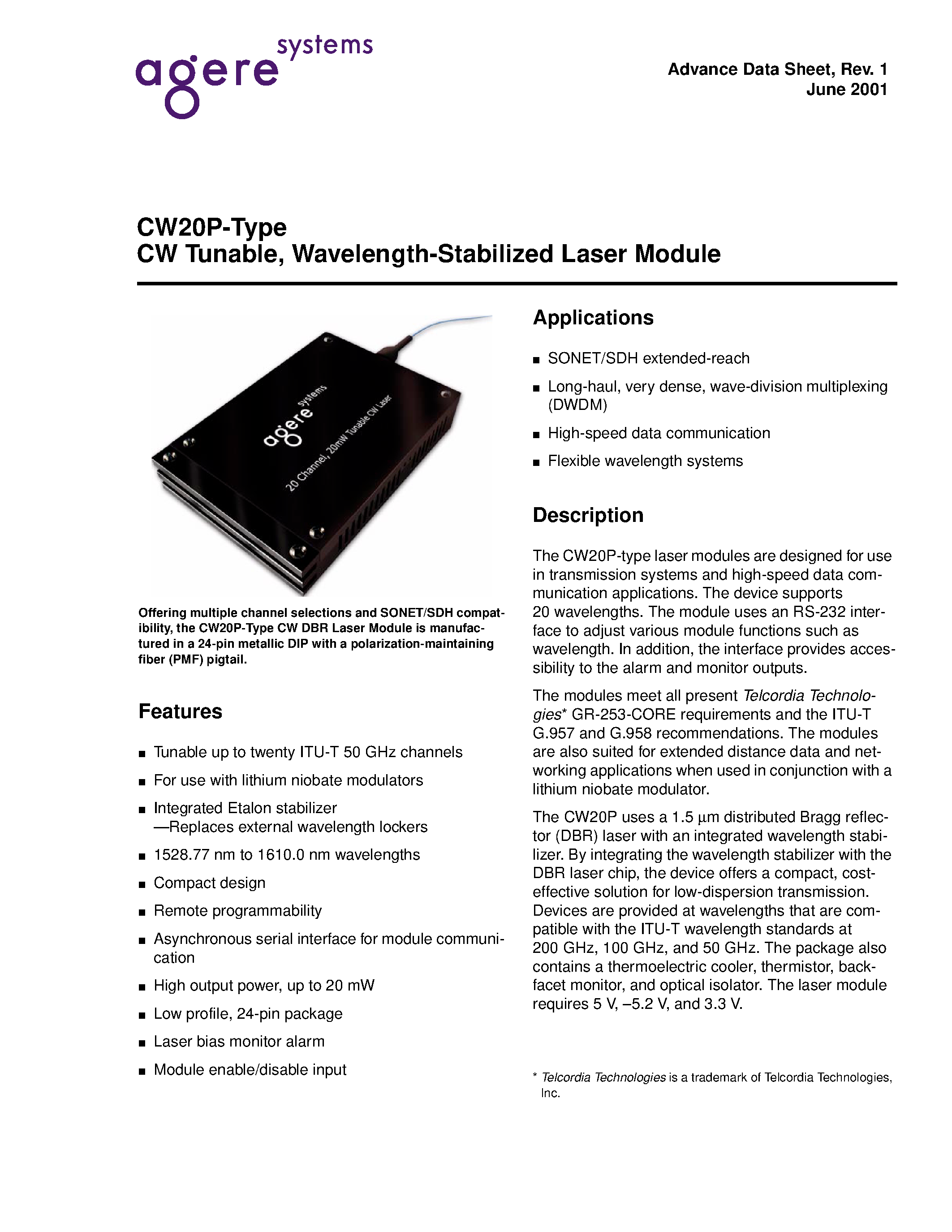 Datasheet CW22P871 - CW20P-Type CW Tunable/ Wavelength-Stabilized Laser Module page 1