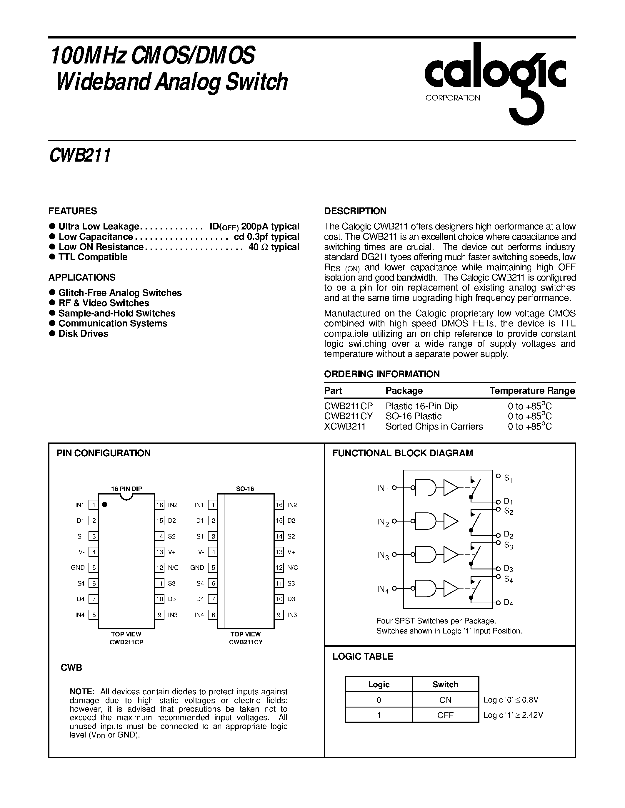 Даташит на микросхему CWB211CP страница 1 Даташит CWB211CP - 100MHz CMOS/DMOS Wideband Analog Switch страница 1