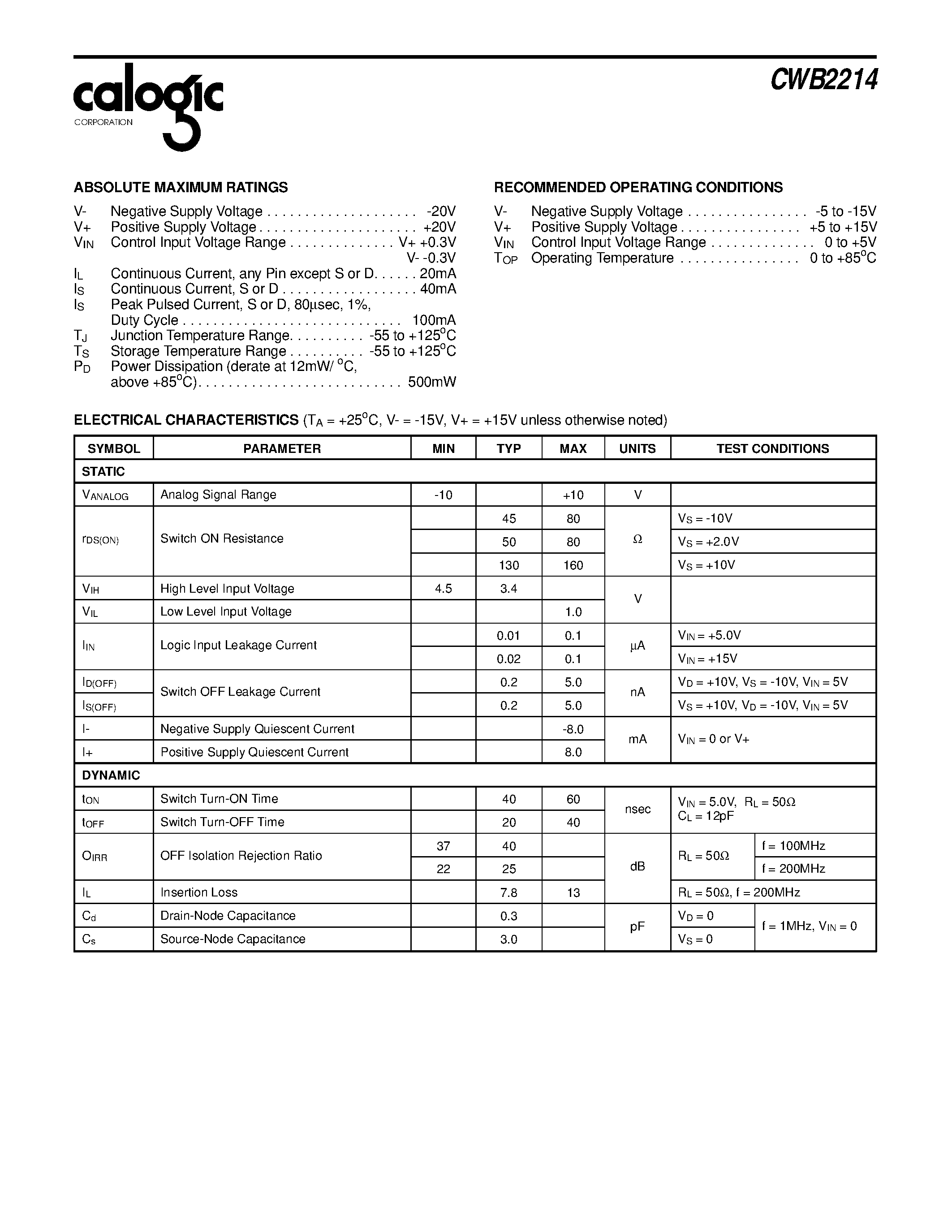 Даташит на микросхему CWB2214 страница 2 Даташит CWB2214 - CMOS/DMOS High Speed Analog Switch страница 2