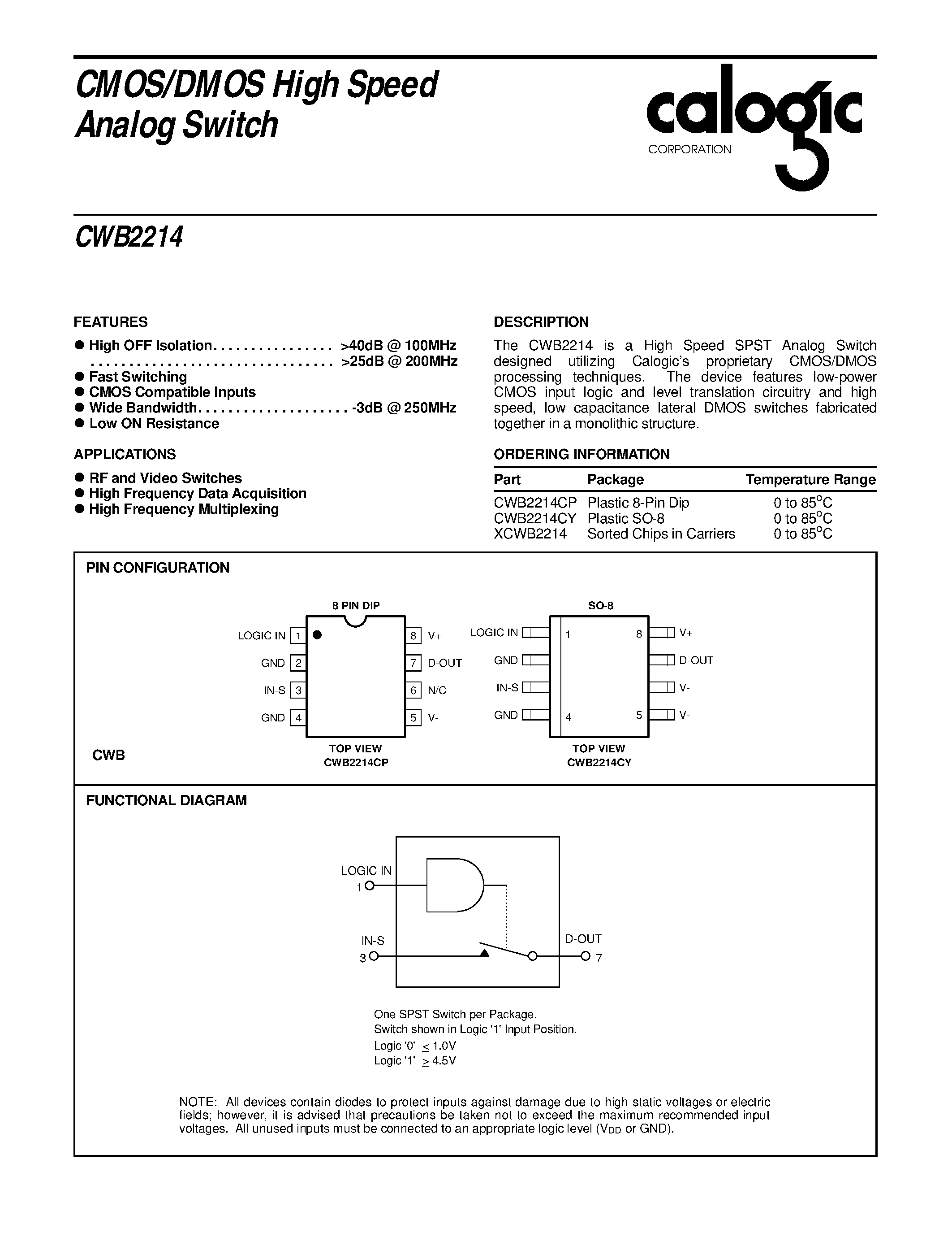 Даташит на микросхему CWB2214CP страница 1 Даташит CWB2214CP - CMOS/DMOS High Speed Analog Switch страница 1