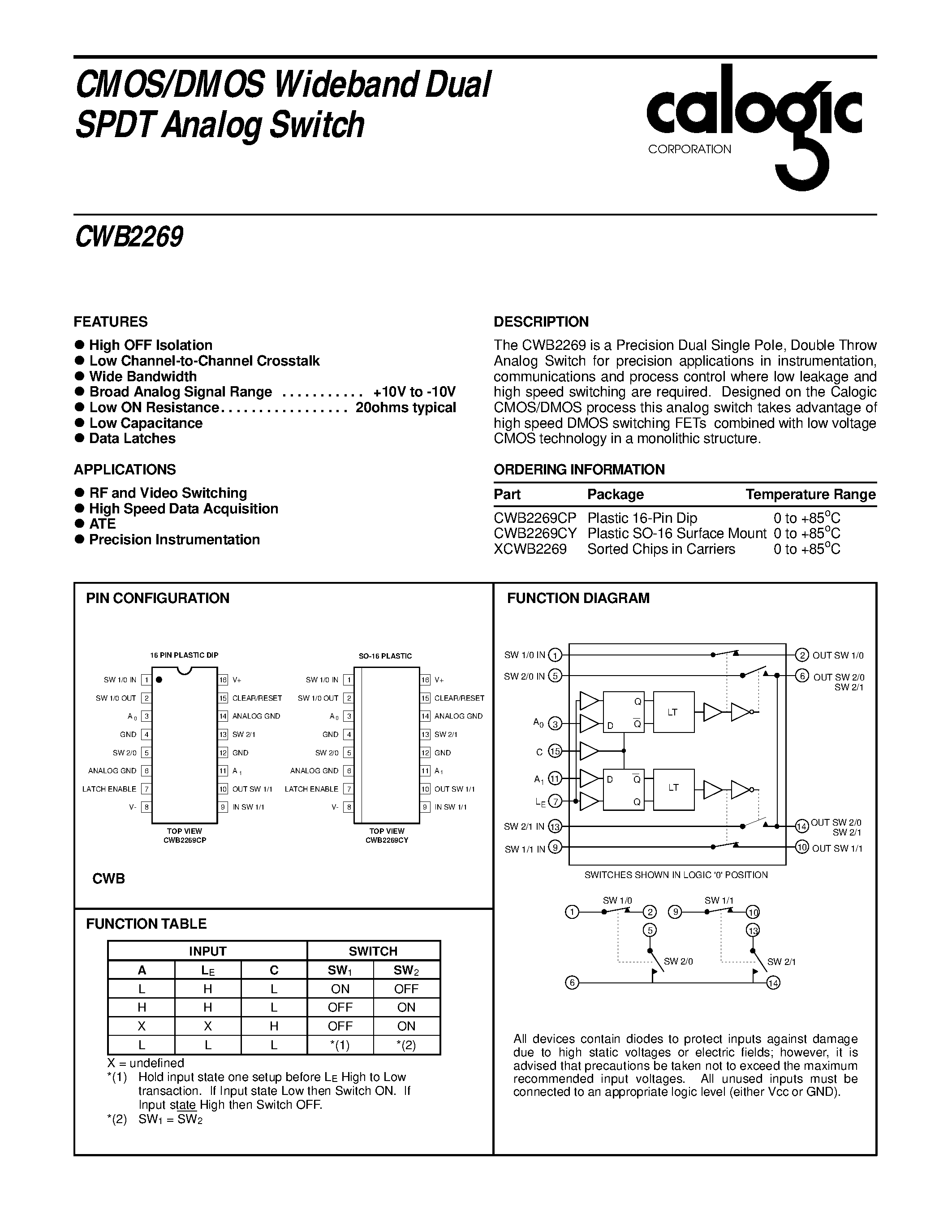 Даташит на микросхему CWB2269CY страница 1 Даташит CWB2269CY - CMOS/DMOS Wideband Dual SPDT Analog Switch страница 1