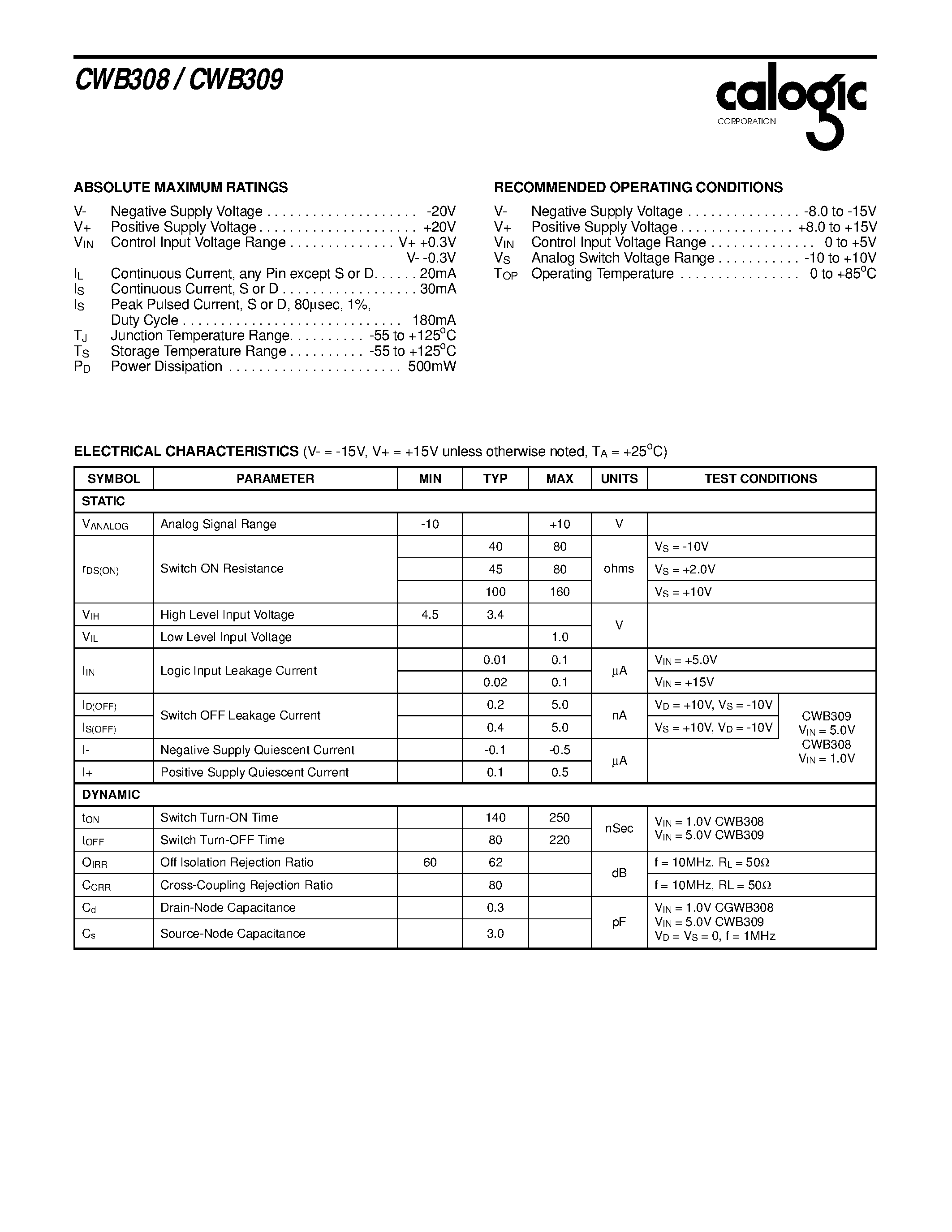 Даташит на микросхему CWB309 страница 2 Даташит CWB309 - CMOS/DMOS Quad Monolithic SPST Wide Band Analog Switches страница 2
