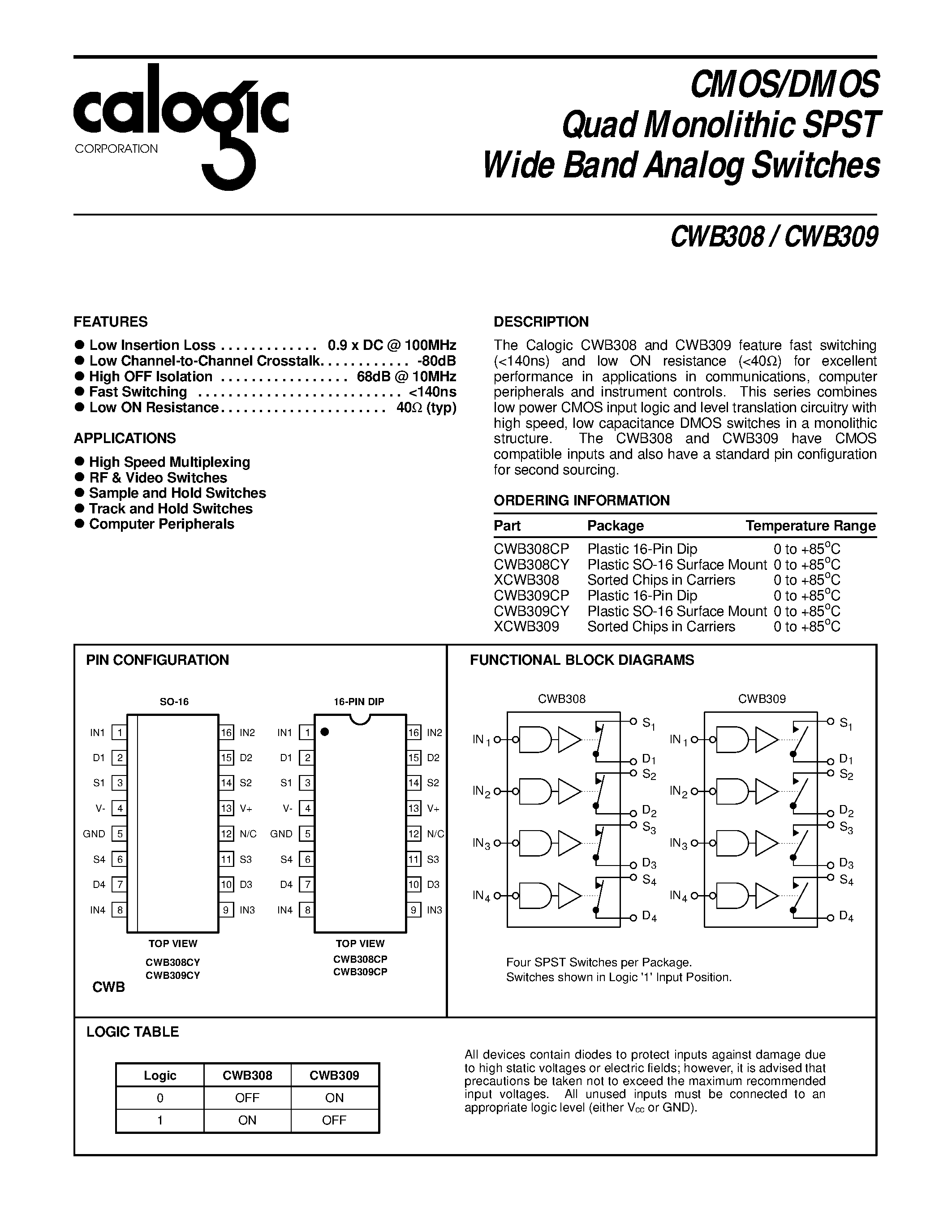 Даташит CWB309CP - CMOS/DMOS Quad Monolithic SPST Wide Band Analog Switches страница 1
