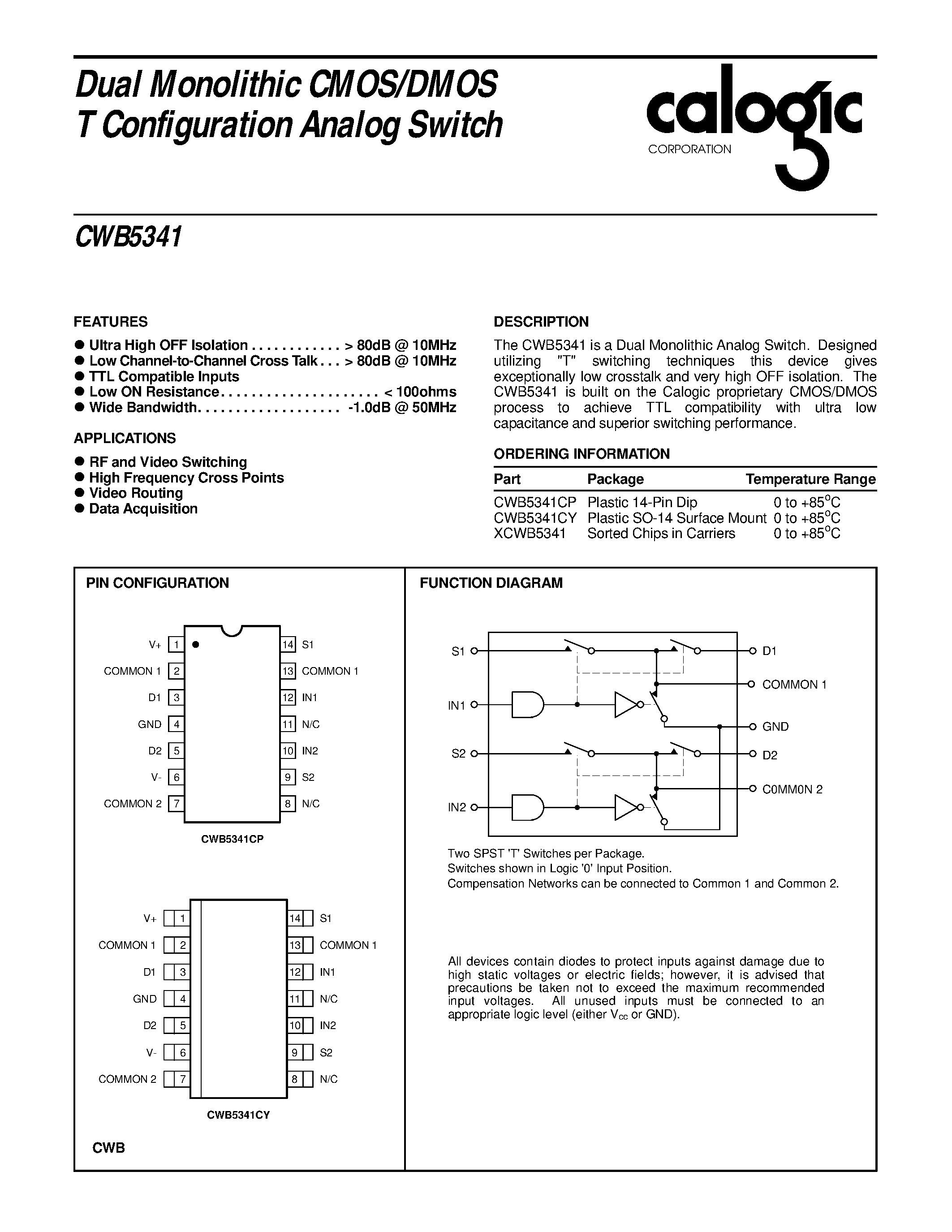 Datasheet CWB5341 - Dual Monolithic CMOS/DMOS T Configuration Analog Switch page 1