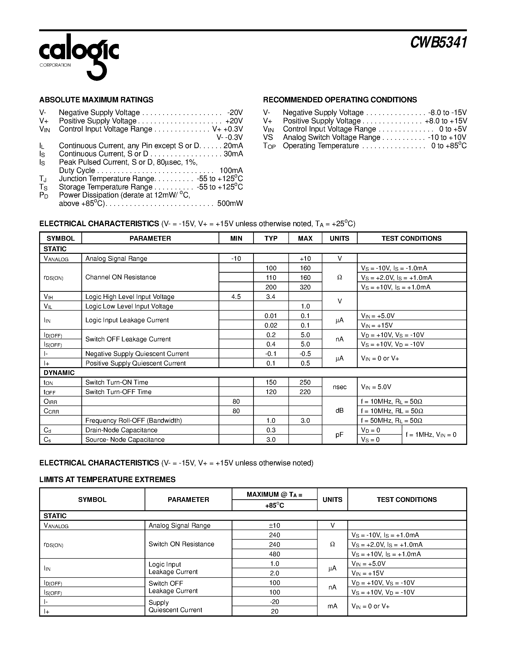 Datasheet CWB5341CP - Dual Monolithic CMOS/DMOS T Configuration Analog Switch page 2