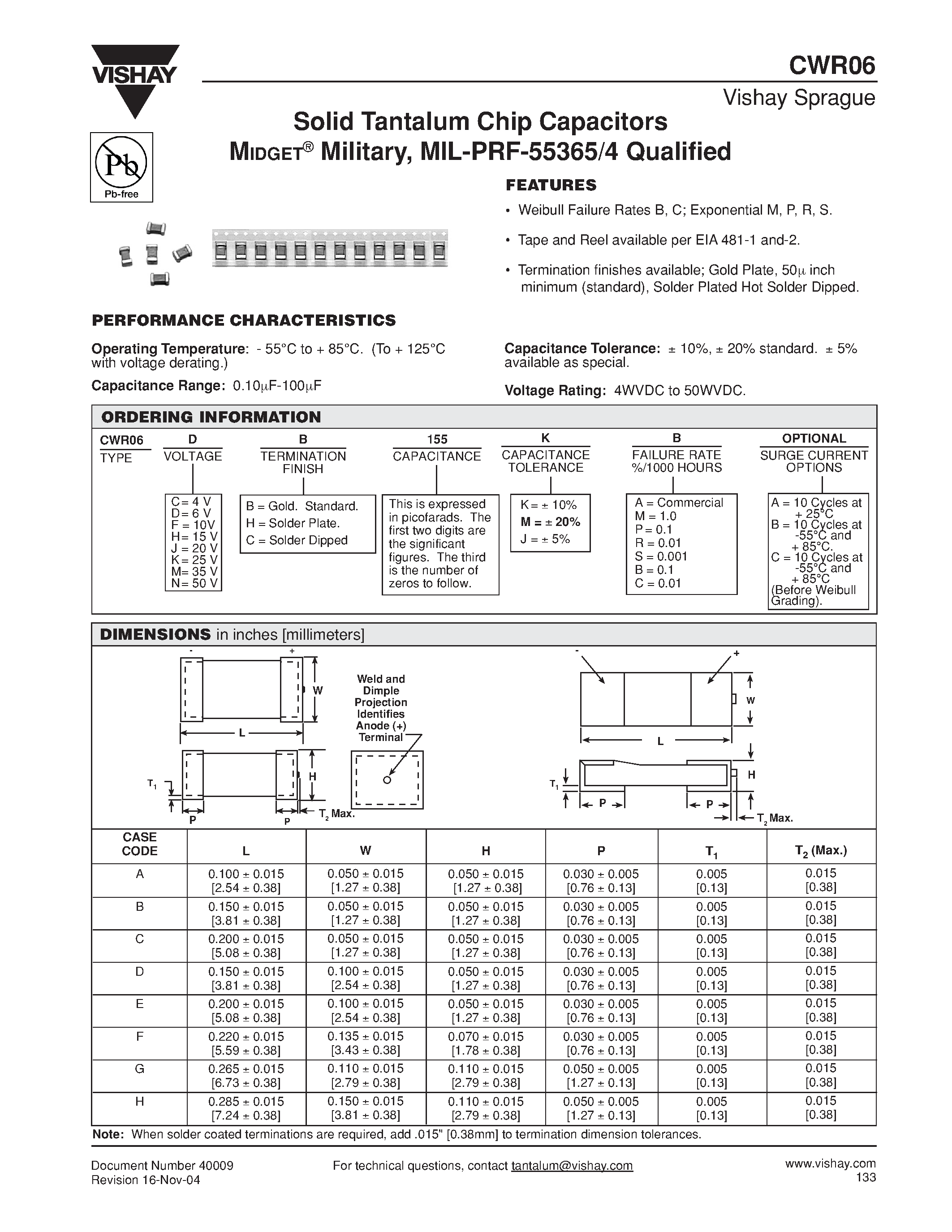 Datasheet CWR06HH155K page 1 Datasheet CWR06HH155K - Solid Tantalum Chip Capacitors MIDGET Military/ MIL-PRF-55365/4 Qualified page 1