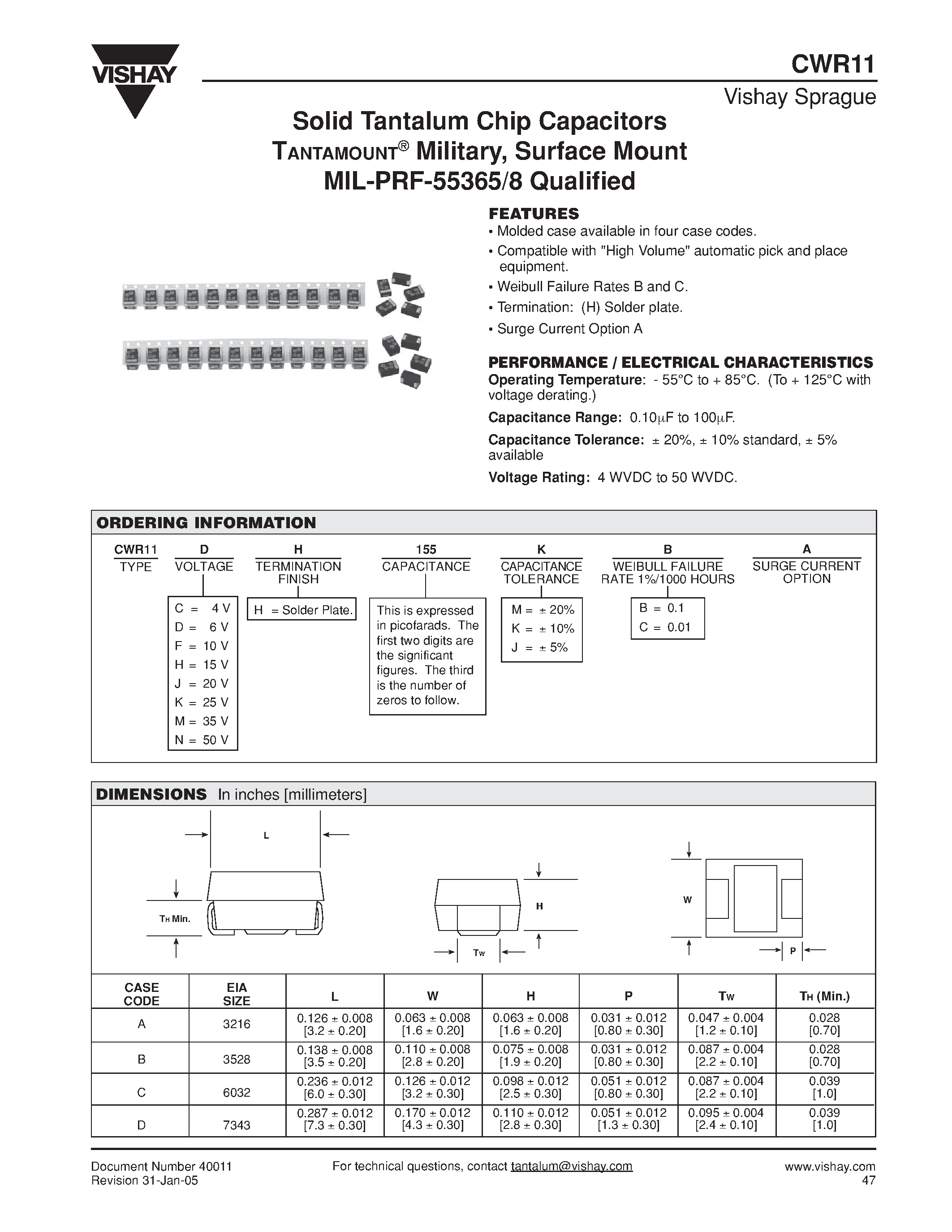 Datasheet CWR11 - Solid Tantalum Chip Capacitors TANTAMOUNT Military/ Surface Mount MIL-PRF-55365/8 Qualified page 1
