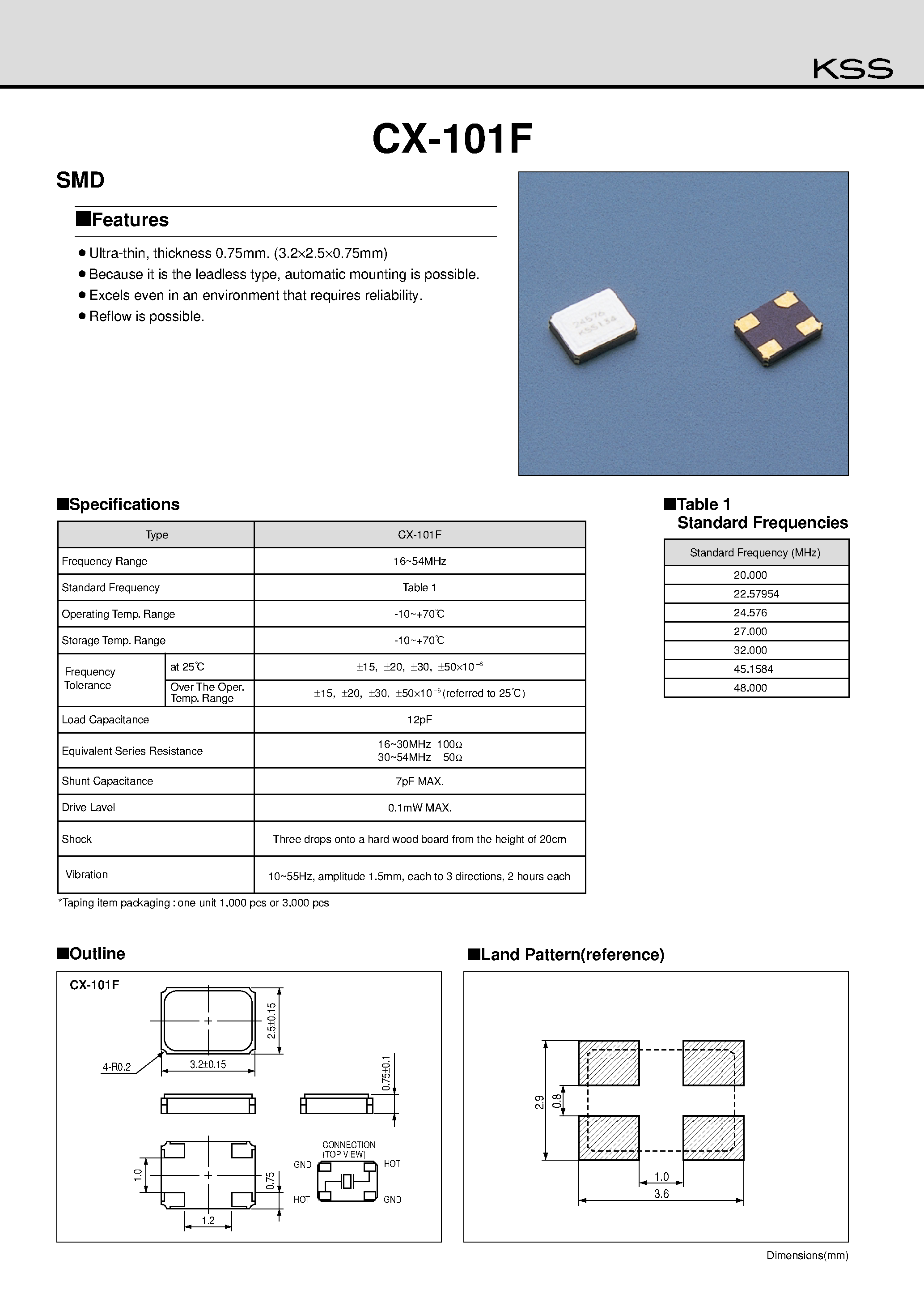Datasheet CX-101F page 1 Datasheet CX-101F - Ultra-thin/ thickness 0.75mm. (3.22.50.75mm) page 1