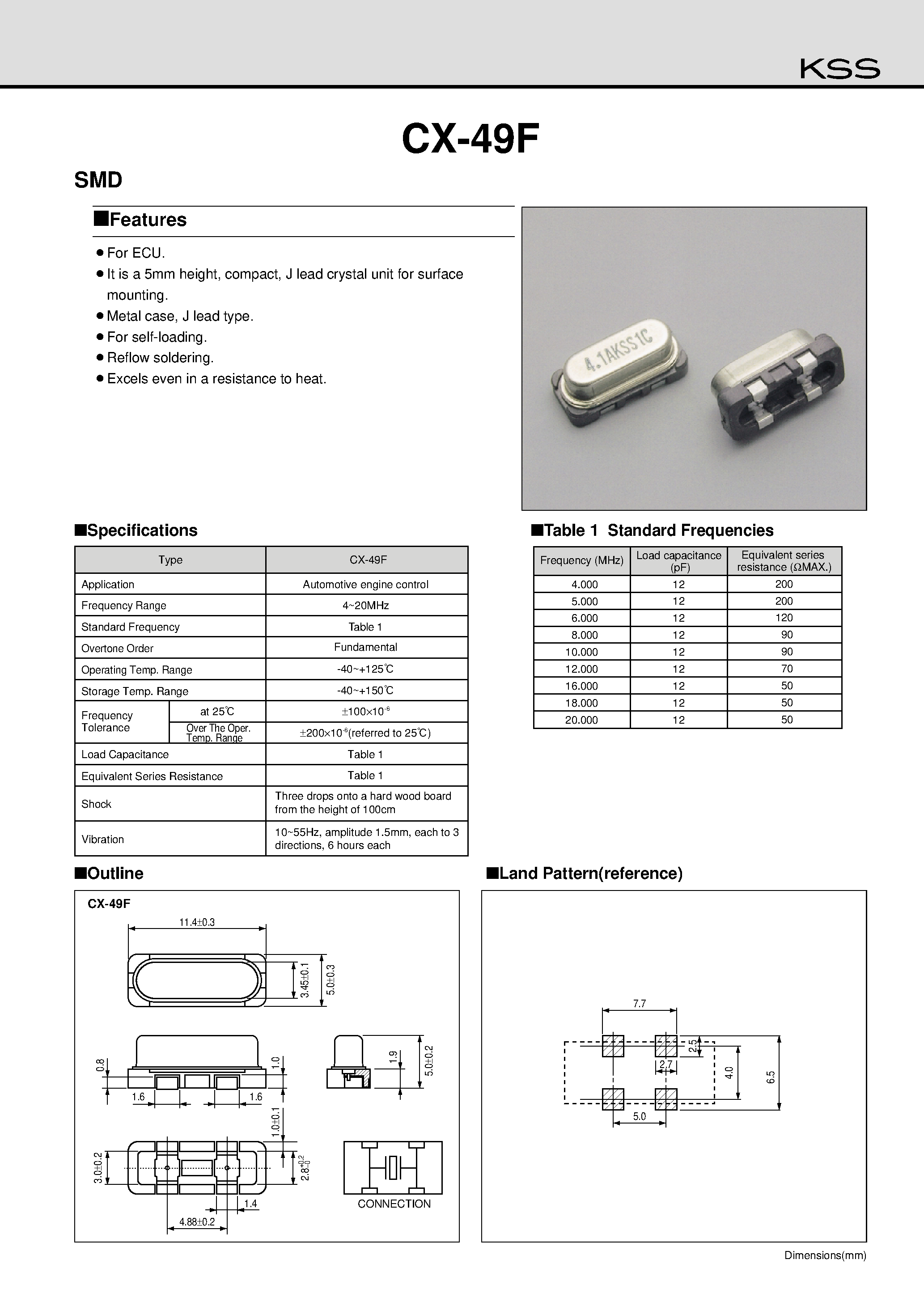 Datasheet CX-49 - It is a 4.5mm high/ compact/ crystal unit for surface mounting. page 1