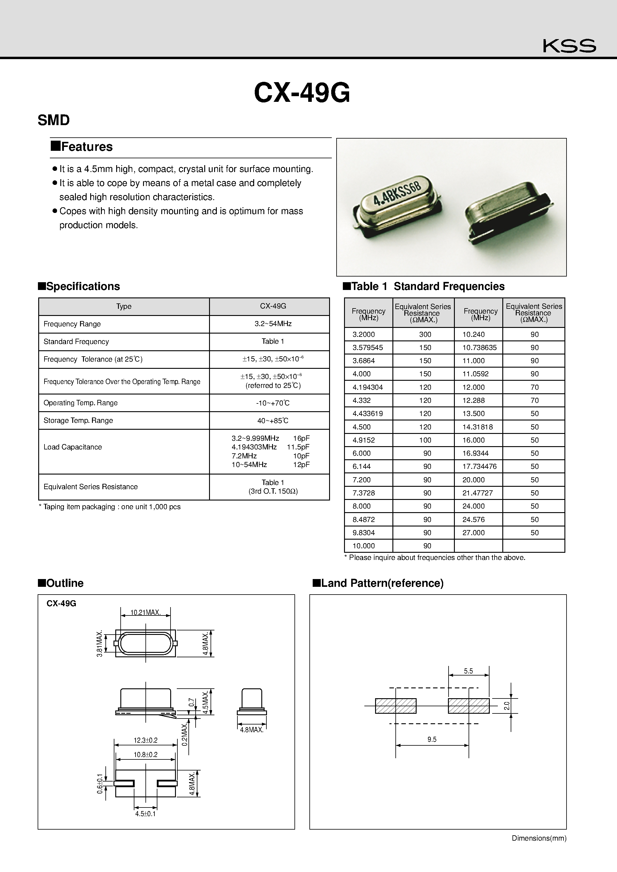Datasheet CX-49G - It is a 4.5mm high/ compact/ crystal unit for surface mounting. page 1