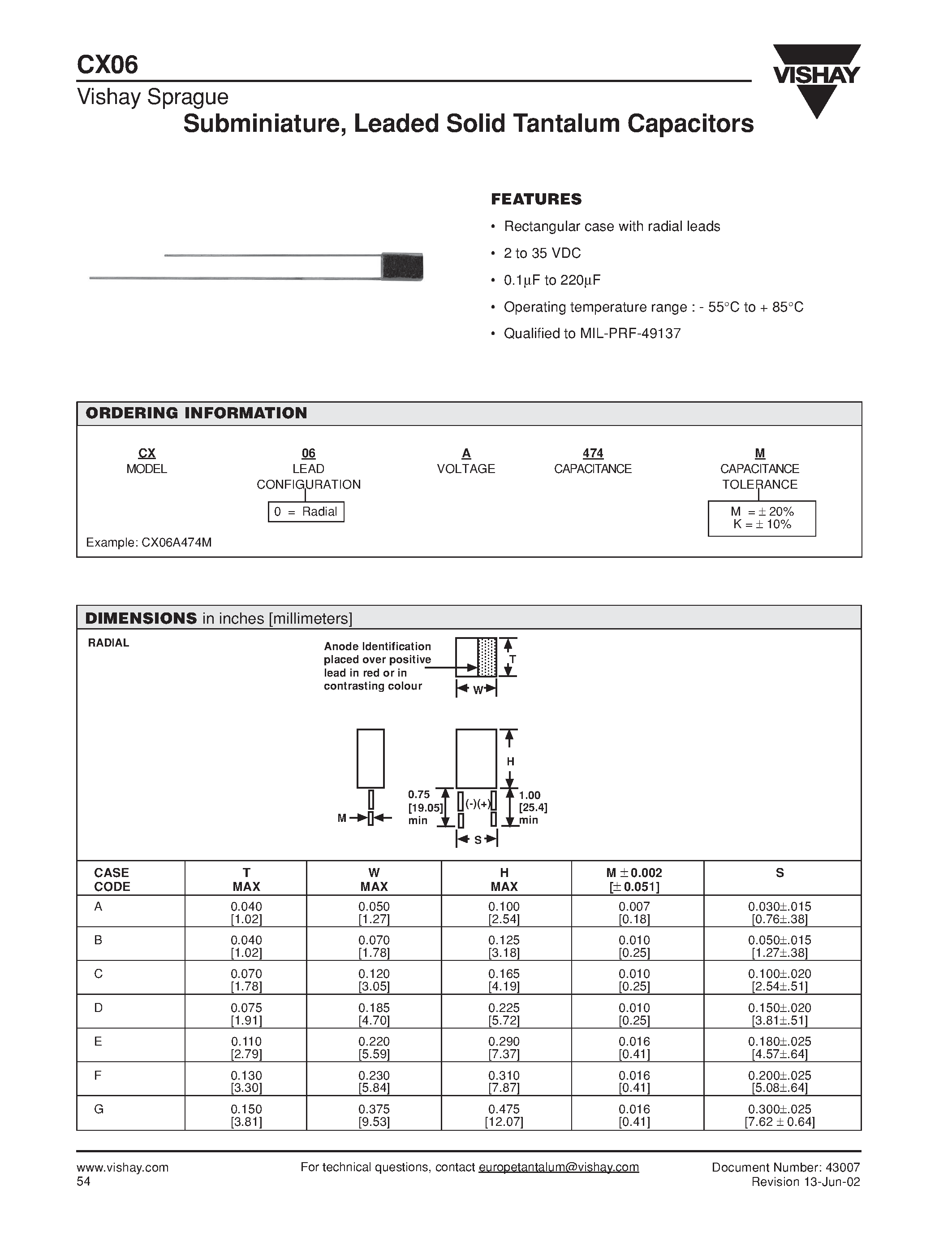 Datasheet CX06A474M page 1 Datasheet CX06A474M - Subminiature/ Leaded Solid Tantalum Capacitors page 1