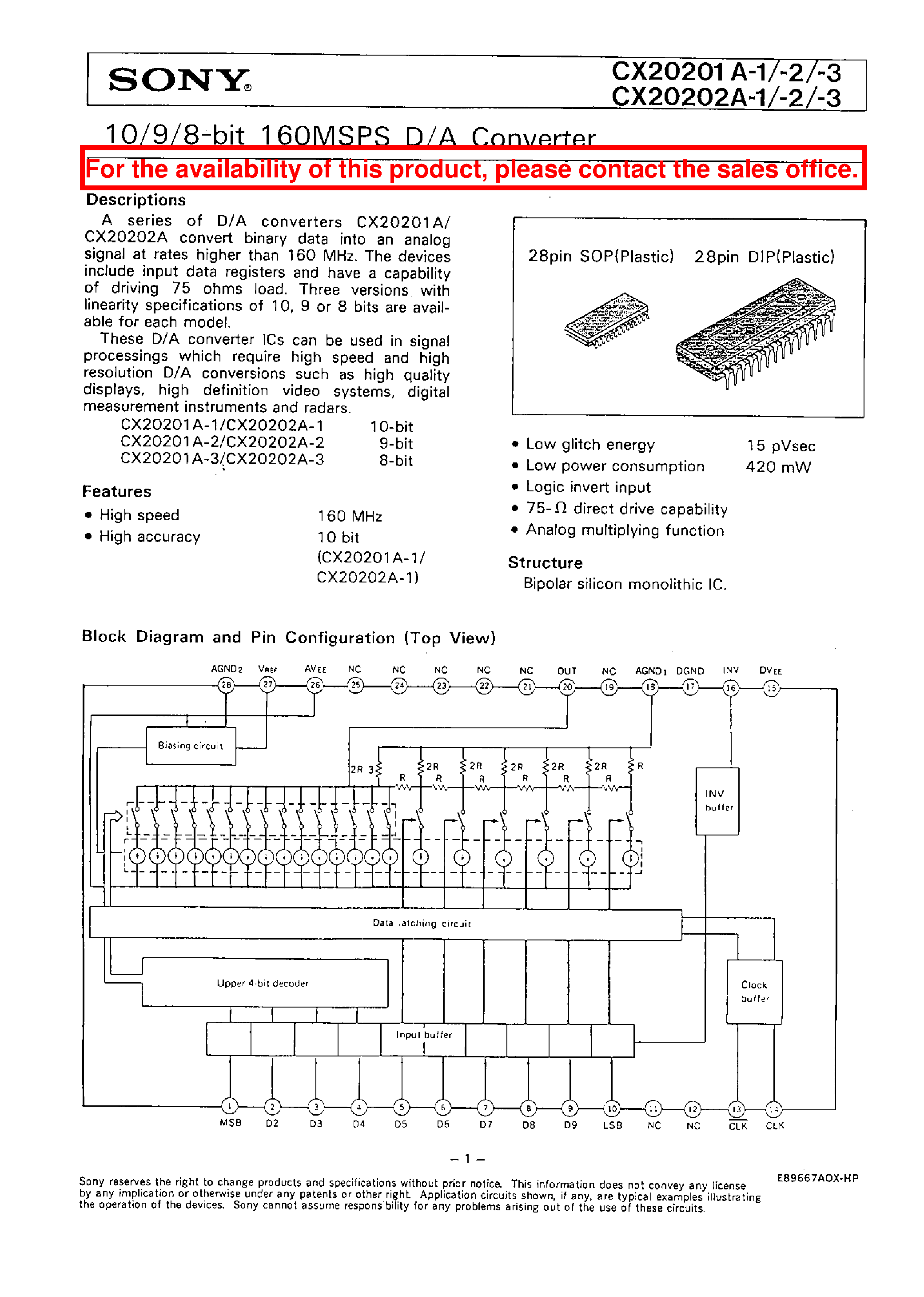Даташит CX20202A-2 - 10/9/8-BIT 160MSPS D/A CONVERTER страница 1