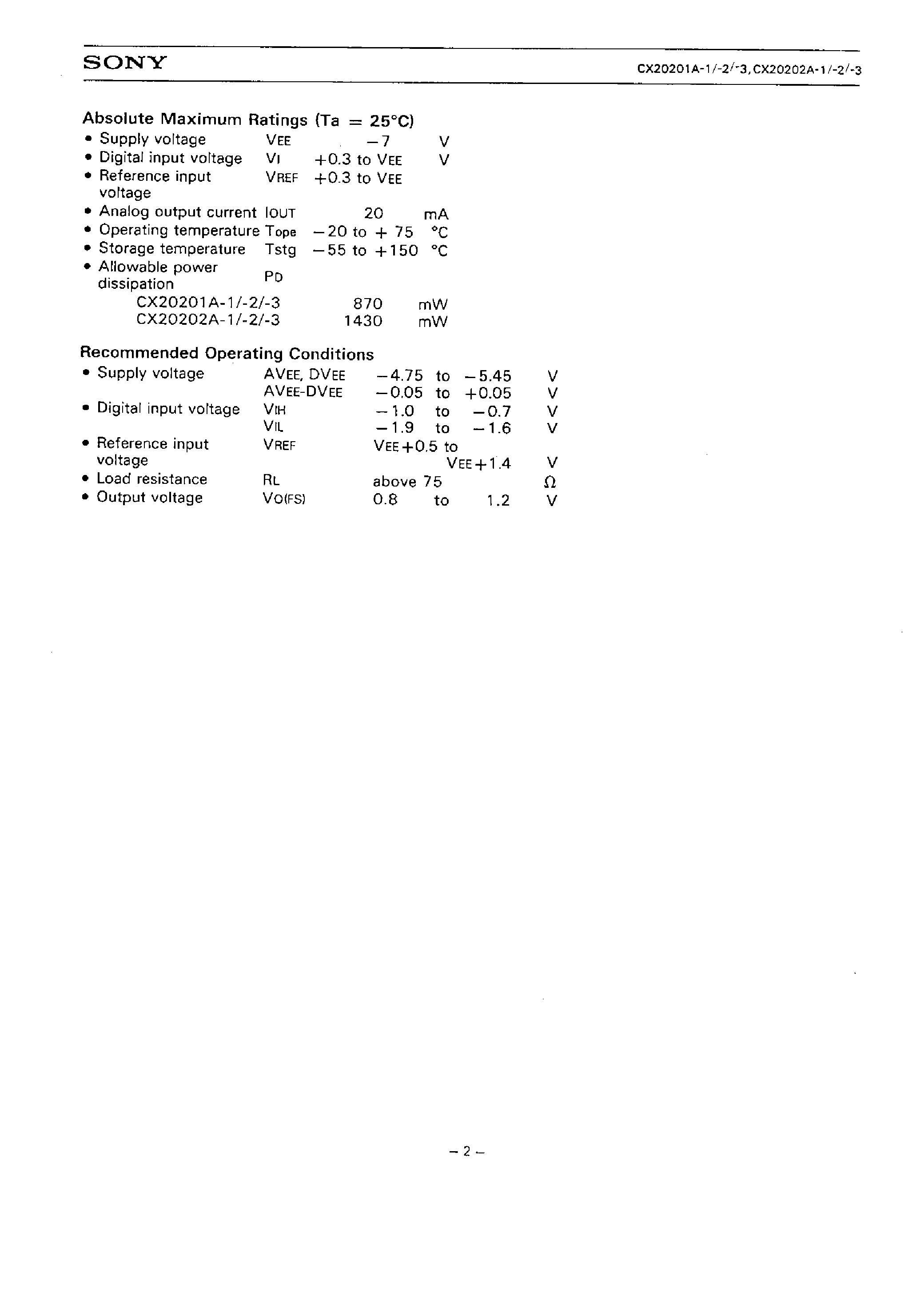 Даташит CX20202A-2 - 10/9/8-BIT 160MSPS D/A CONVERTER страница 2