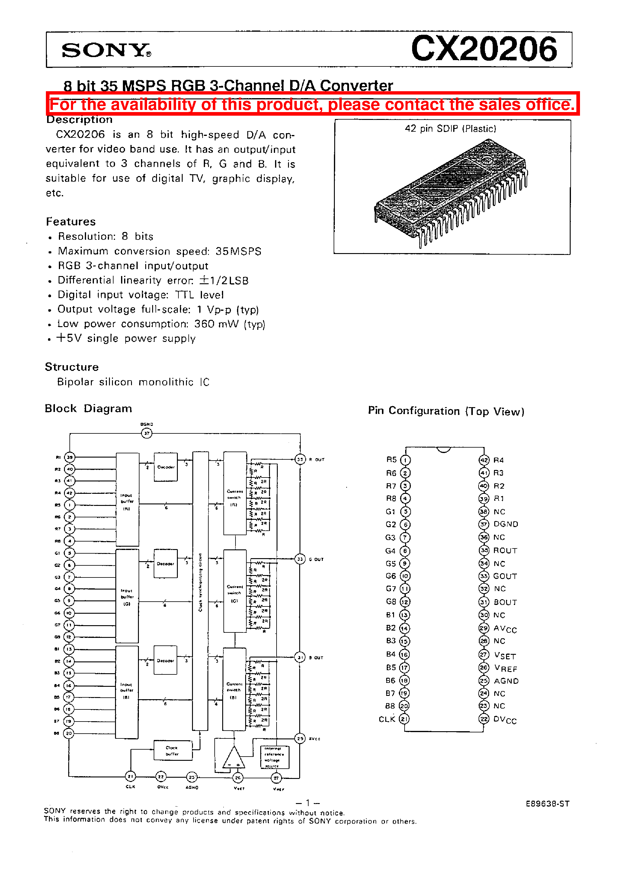 Даташит CX20206 - 8 BIT 35 MSPS RGB 3-CHANNEL D/A CONVERTER страница 1