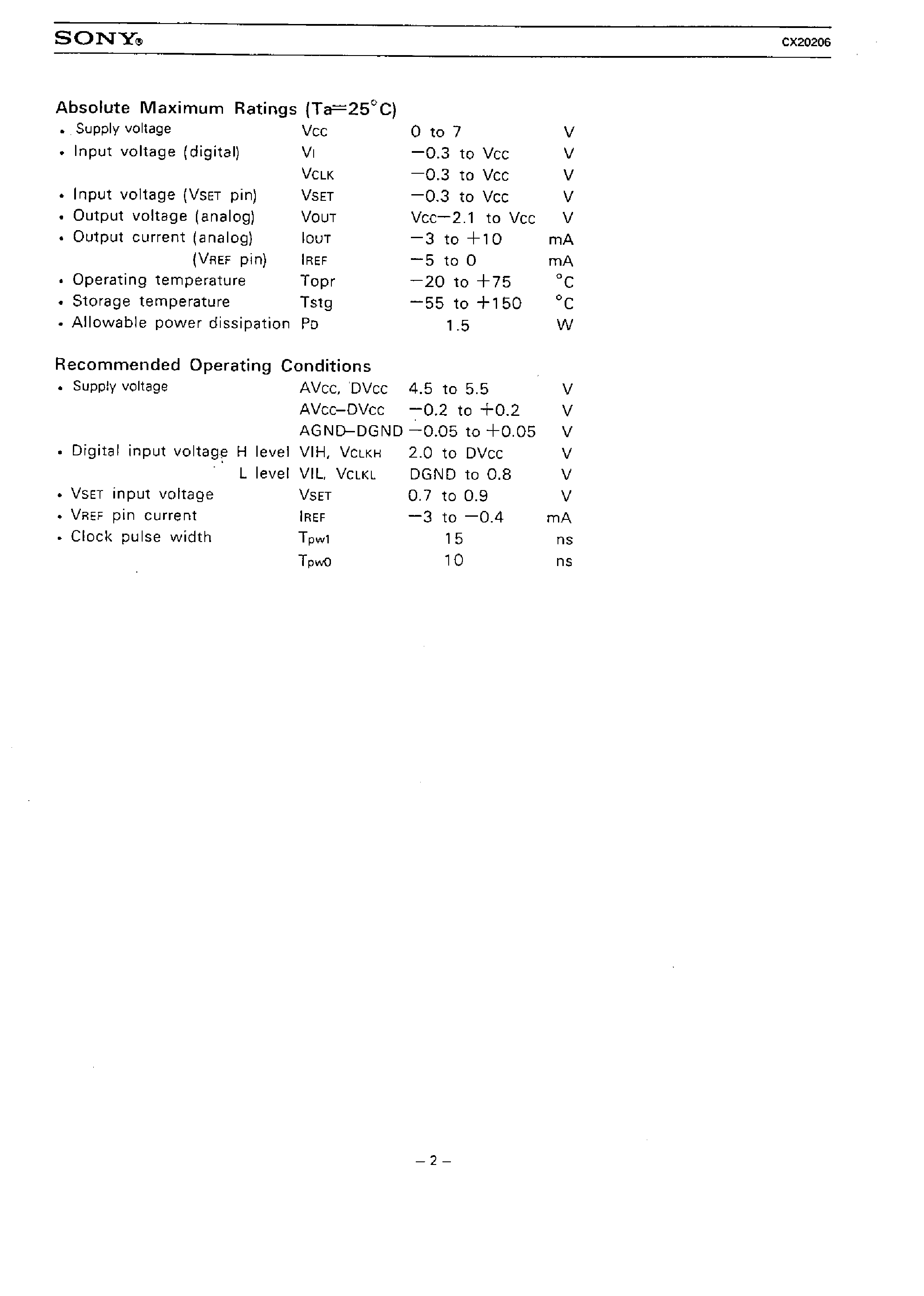 Даташит CX20206 - 8 BIT 35 MSPS RGB 3-CHANNEL D/A CONVERTER страница 2