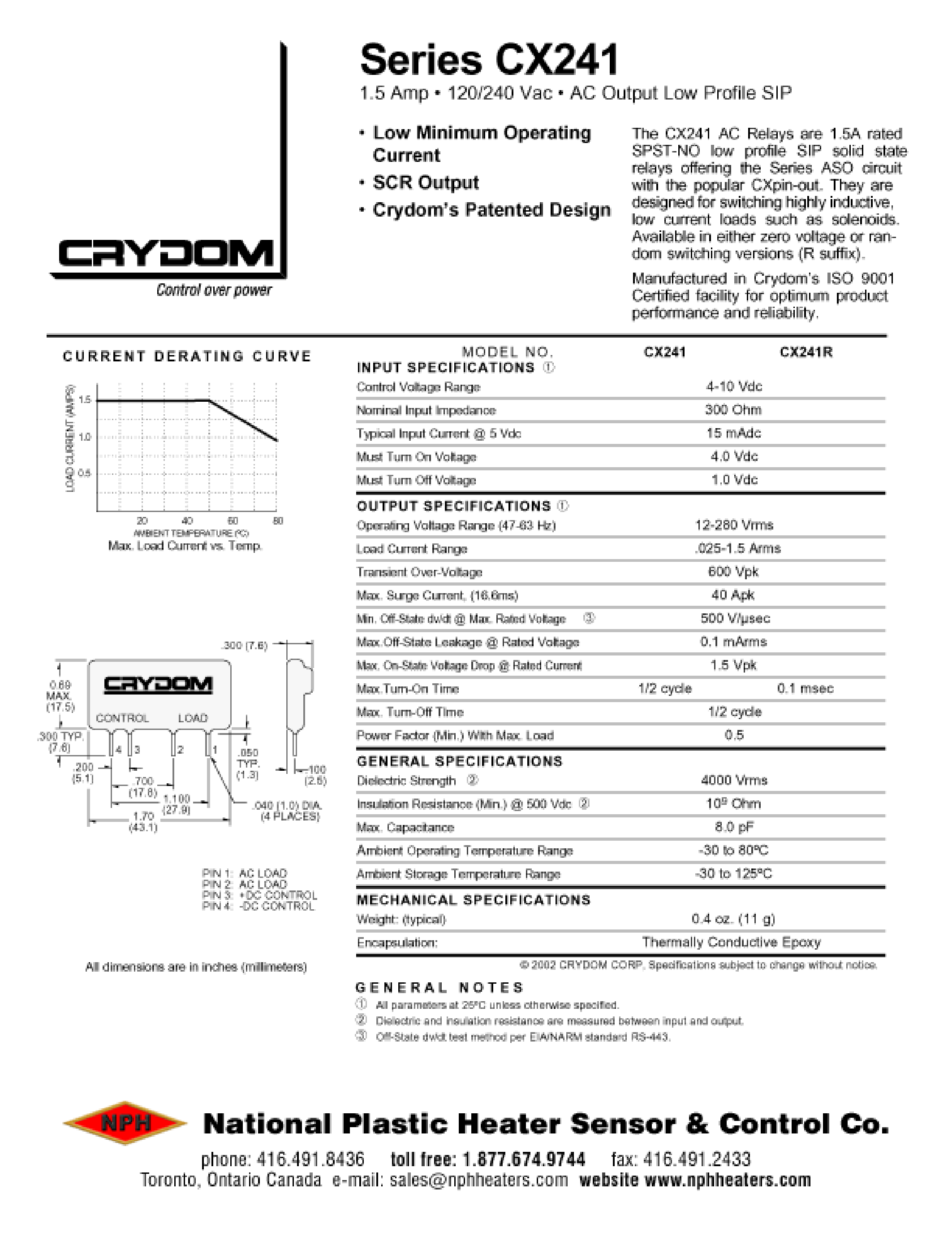 Даташит CX241R - 1.5Amp 120/240Vac AC Output Low Profile SIP страница 1