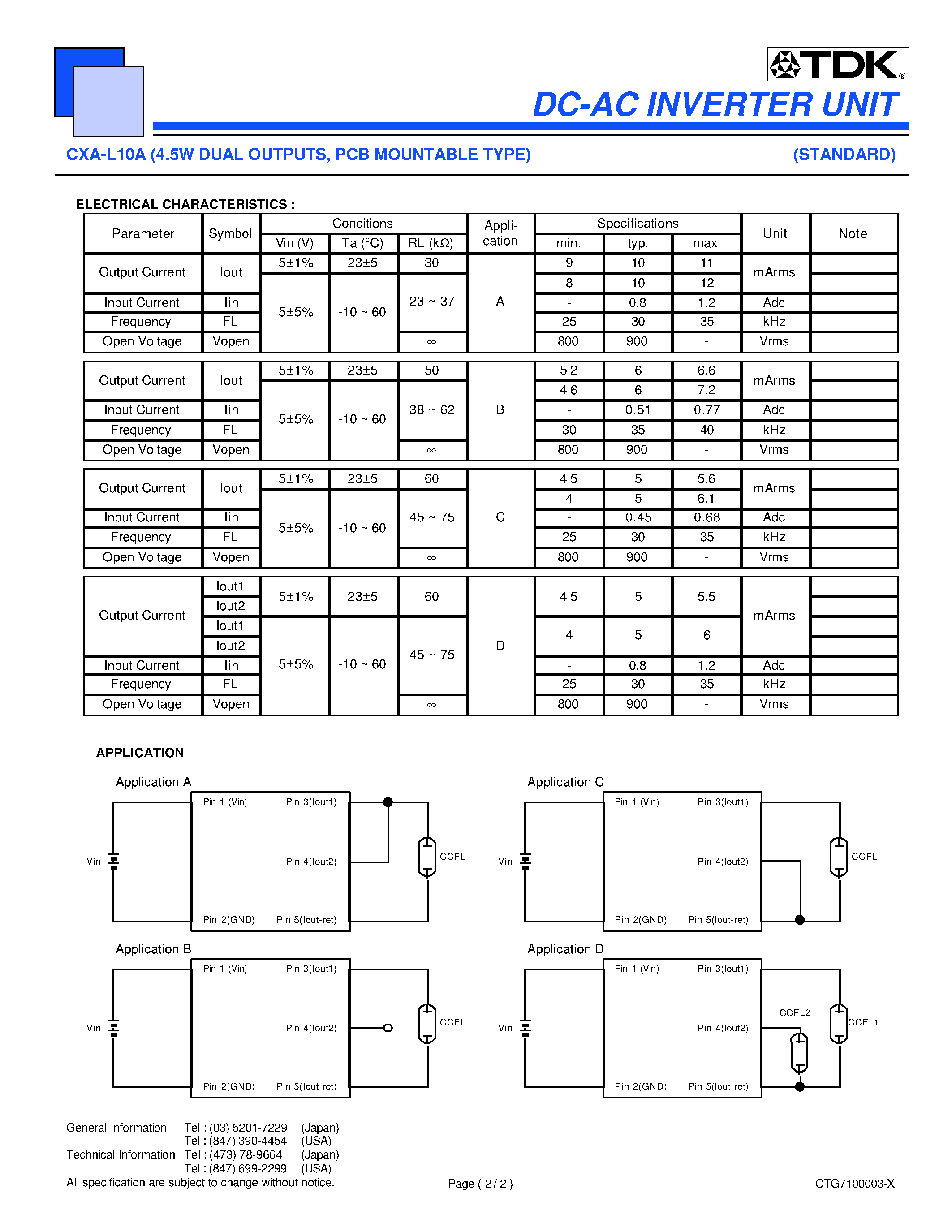 Datasheet CXA-L10A - DC-AC INVERTER UNIT (4.5W DUAL OUTPUTS/ PCB MOUNTABLE TYPE) page 2