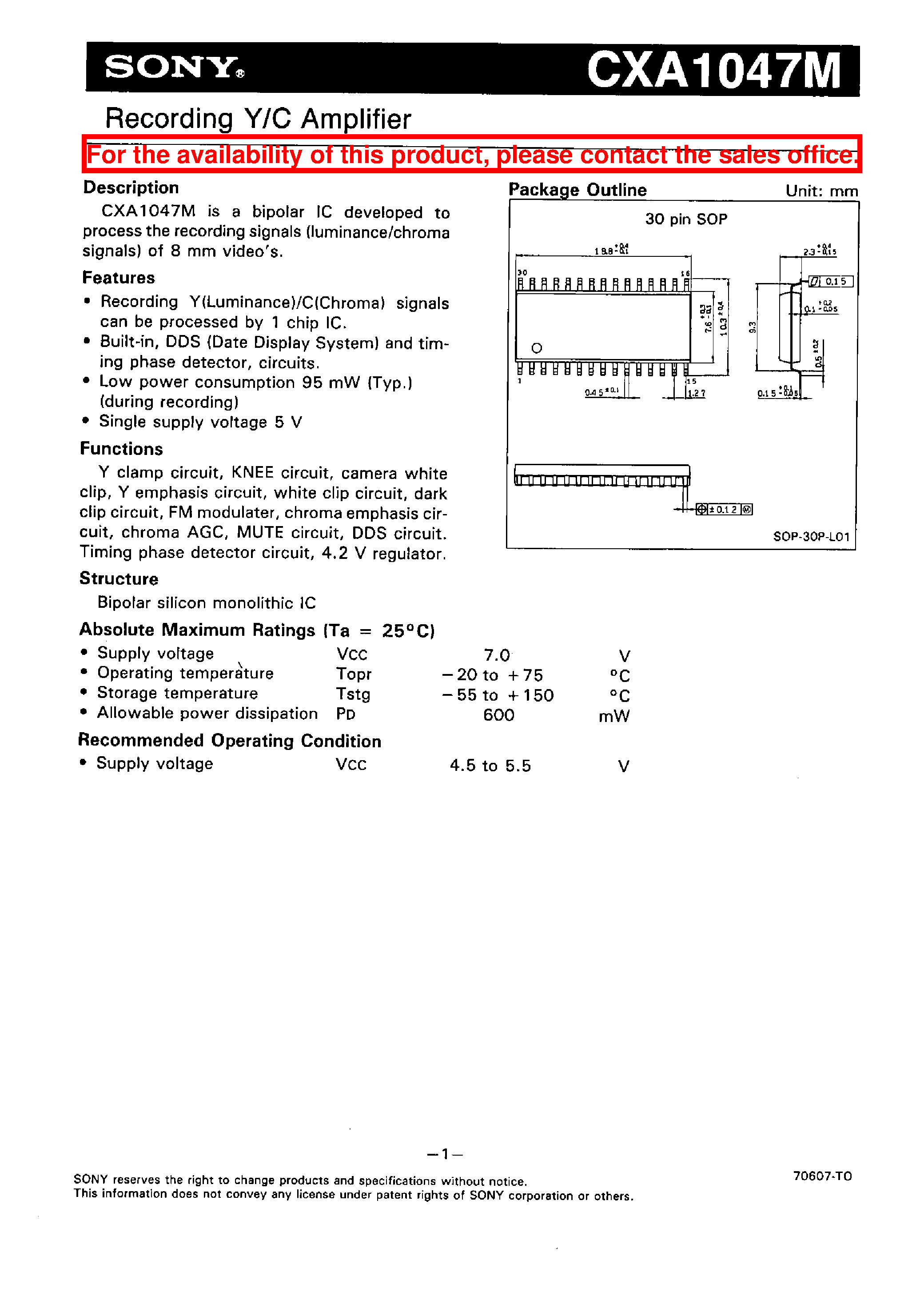 Datasheet CXA1047M page 1 Datasheet CXA1047M - RECORDING Y/C AMPLIFIER page 1