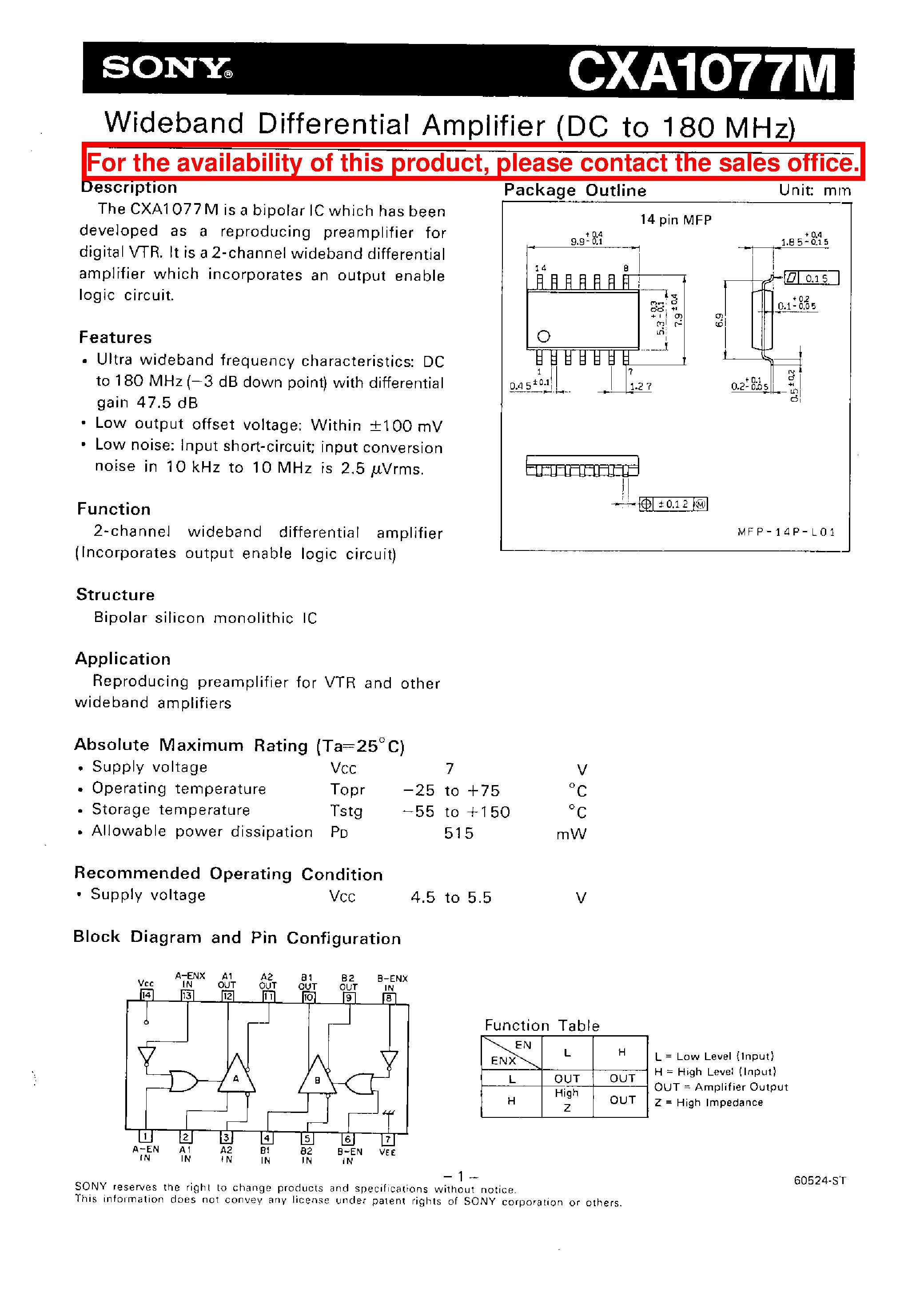 Datasheet CXA1077M page 1 Datasheet CXA1077M - WIDEBAND DIFFERENTIAL AMPLIFIER (DC TO 180 MHZ) page 1