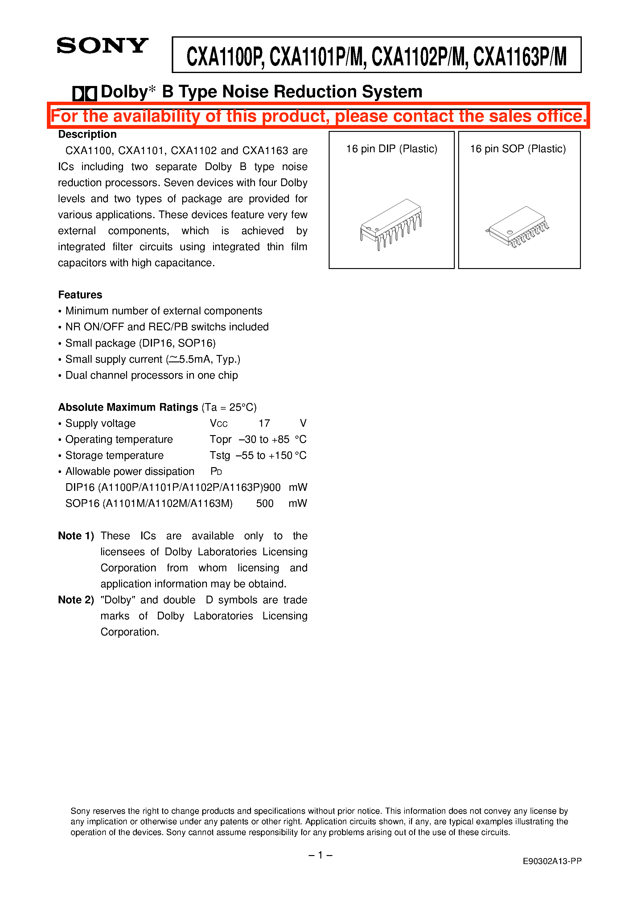 Datasheet CXA1101 page 1 Datasheet CXA1101 - DOLBY B TYPE NOISE REDUCTION SYSTEM page 1