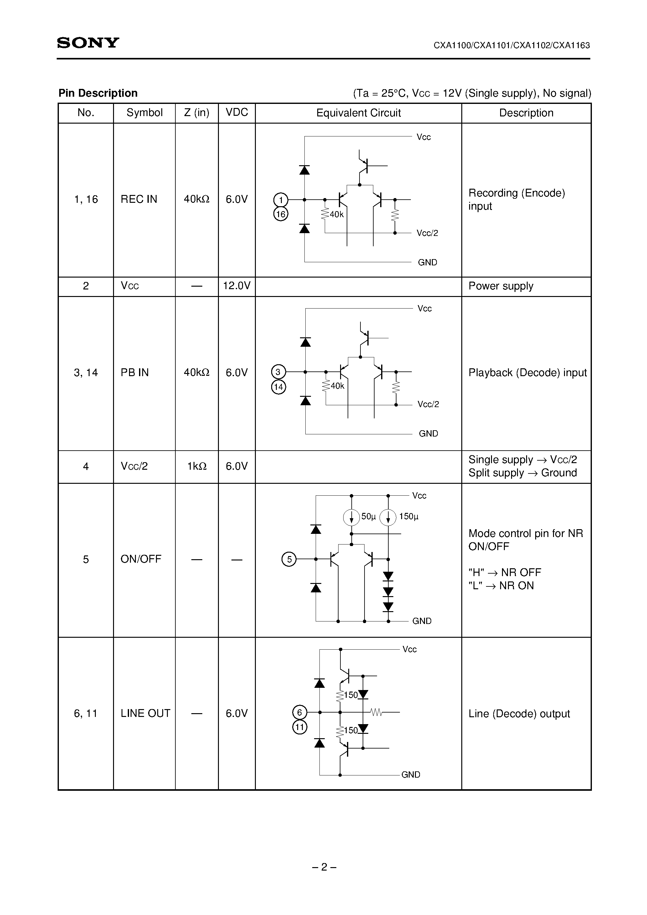 Datasheet CXA1102 page 2 Datasheet CXA1102 - DOLBY B TYPE NOISE REDUCTION SYSTEM page 2