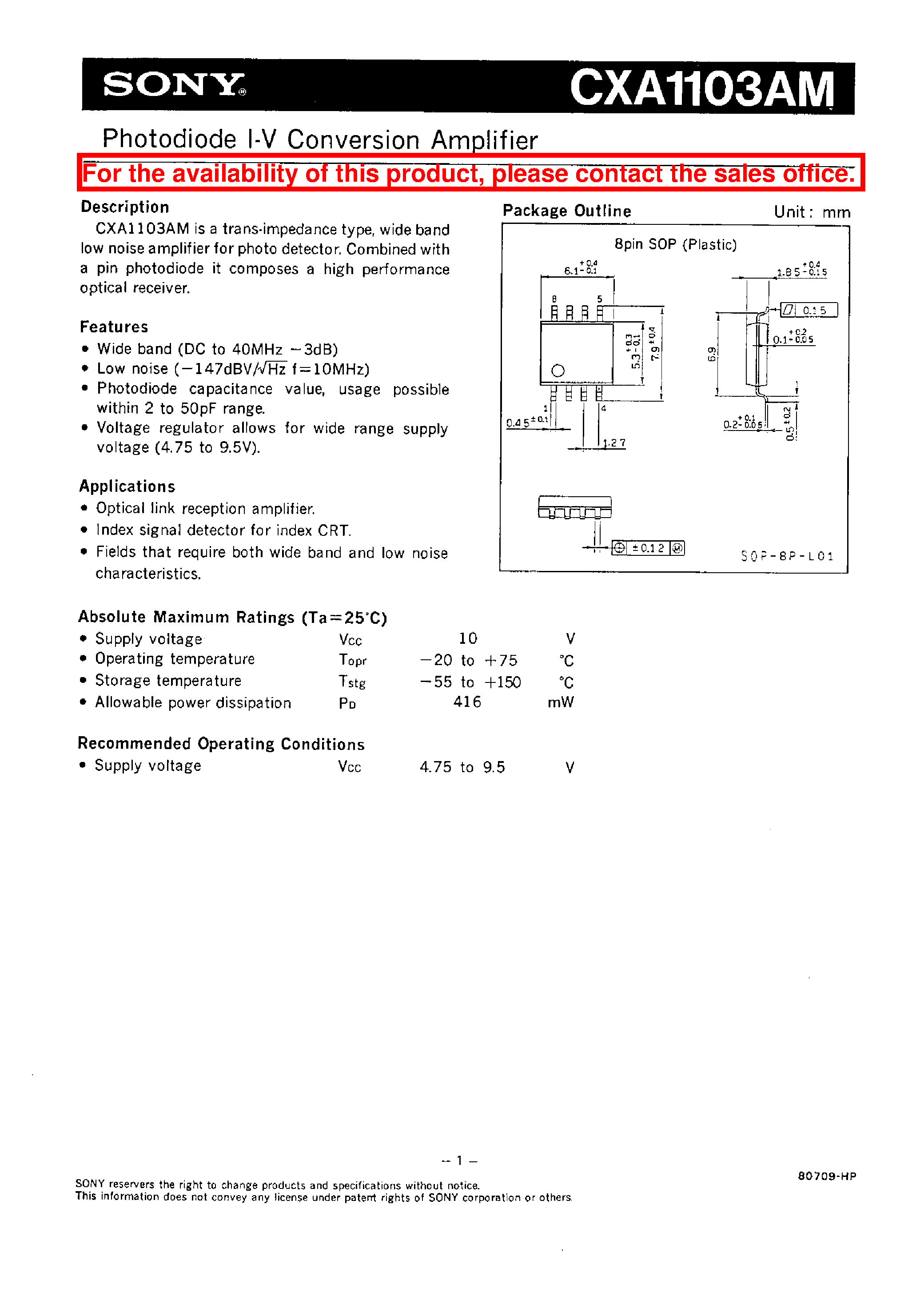 Datasheet CXA1103AM page 1 Datasheet CXA1103AM - PHOTODIODE I-V CONVERSION AMPLIFIER page 1