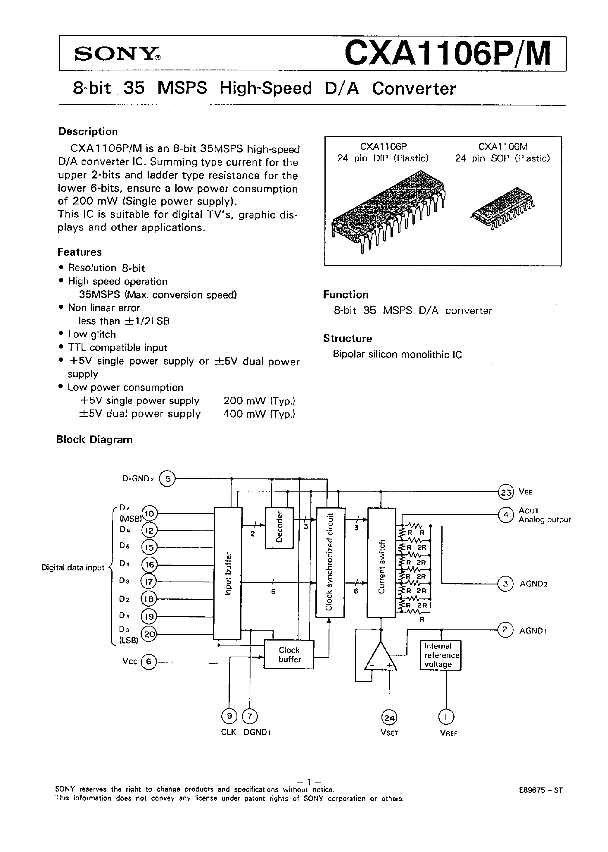 Datasheet CXA1106P page 1 Datasheet CXA1106P - 8-BIT 35 MSPS HIGH-SPEED D/A CONVERTER page 1