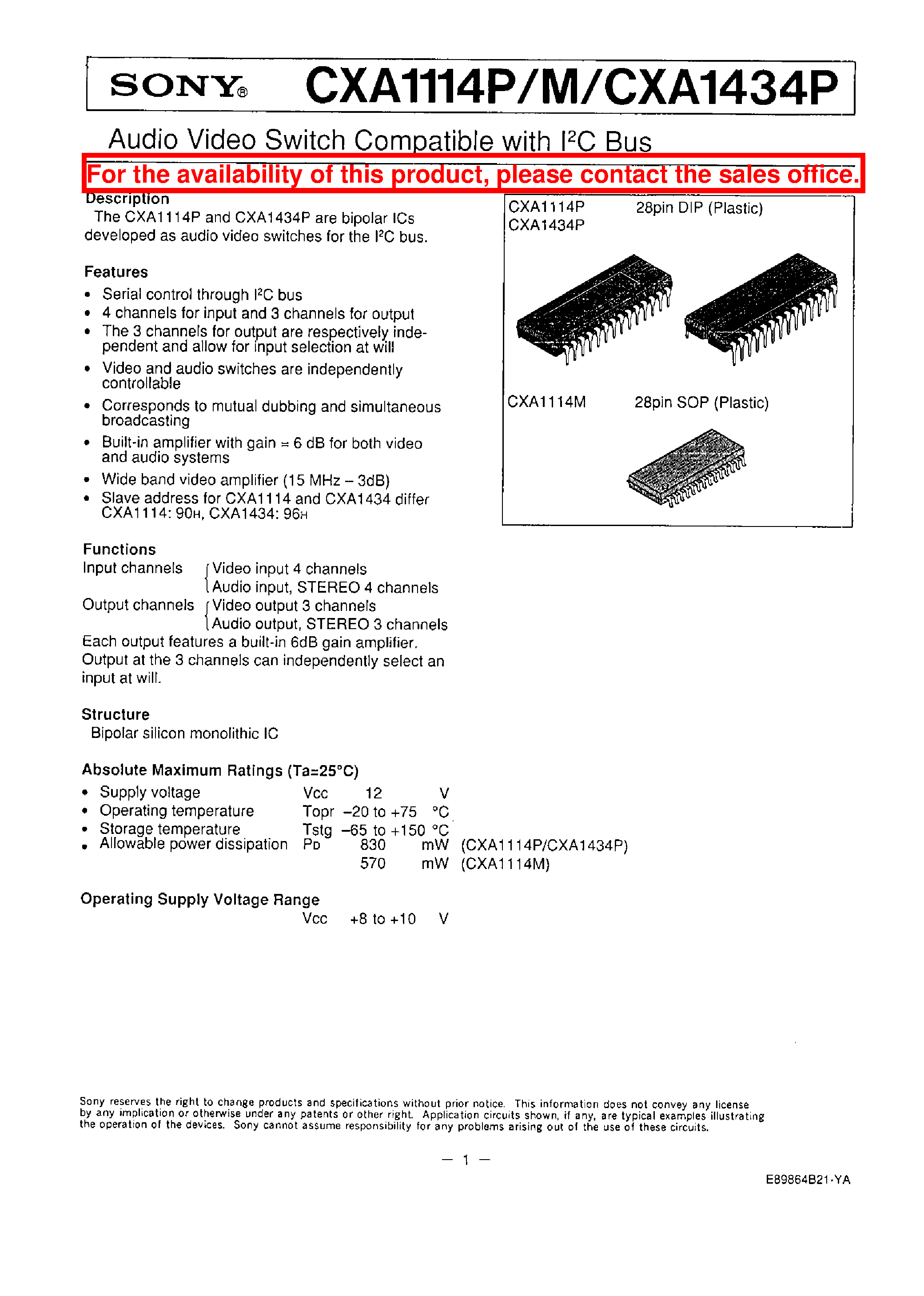 Datasheet CXA1114M page 1 Datasheet CXA1114M - AUDIO VIDEO SWITCH COMPATIBLE WITH I2C BUS page 1