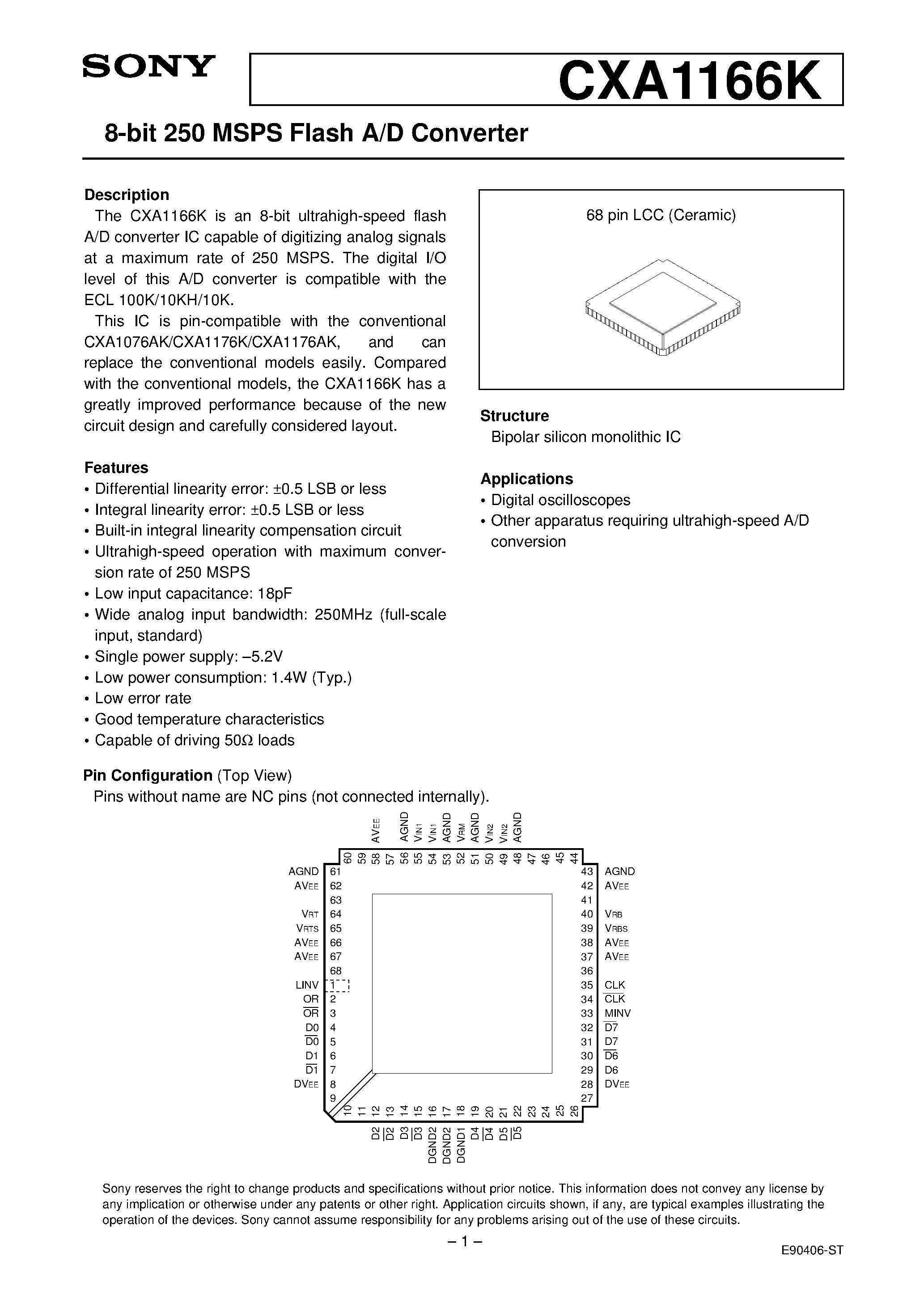 Даташит на микросхему CXA1166K страница 1 Даташит CXA1166K - 8-bit 250 MSPS Flash A/D Converter страница 1