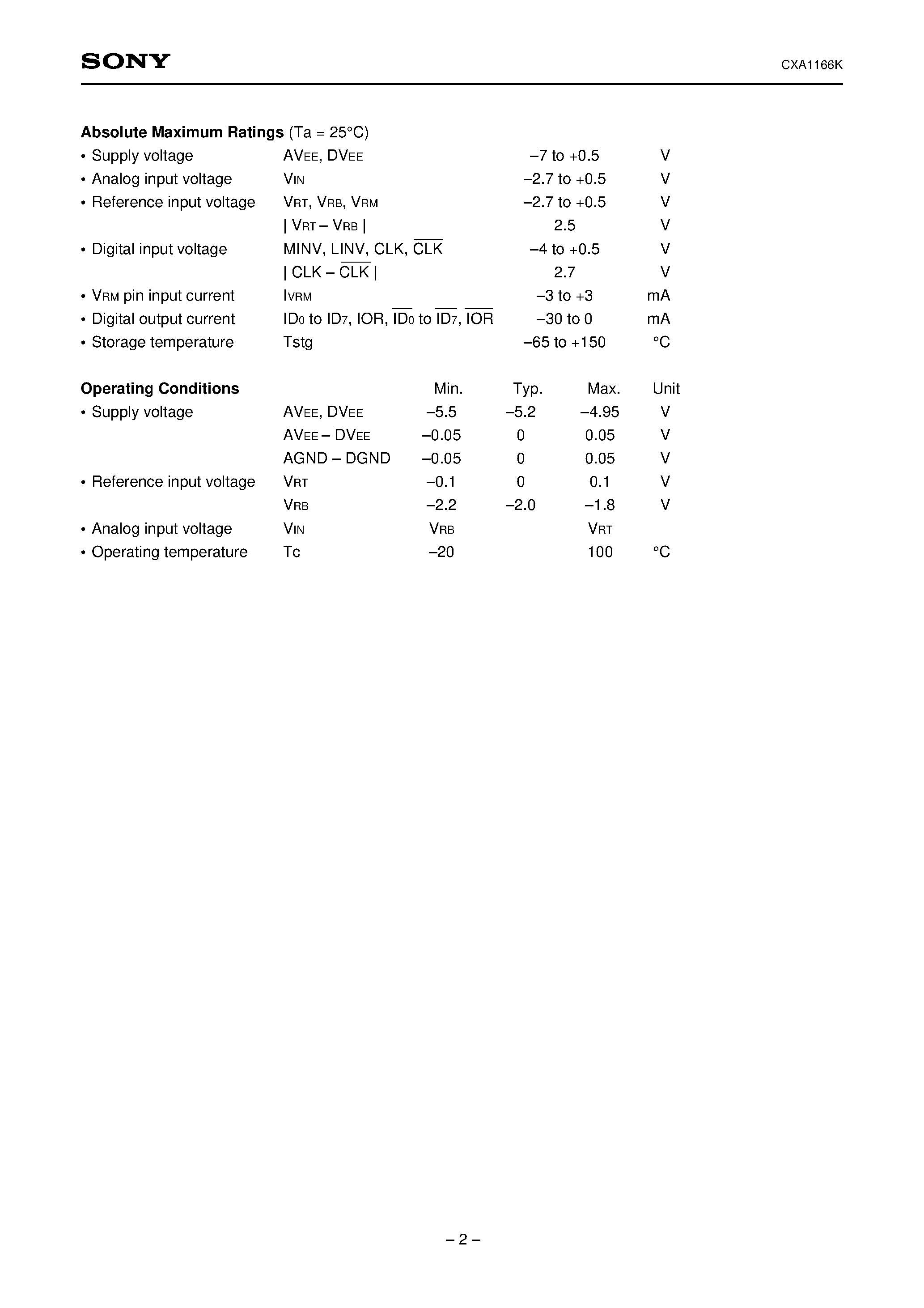 Даташит на микросхему CXA1166K страница 2 Даташит CXA1166K - 8-bit 250 MSPS Flash A/D Converter страница 2
