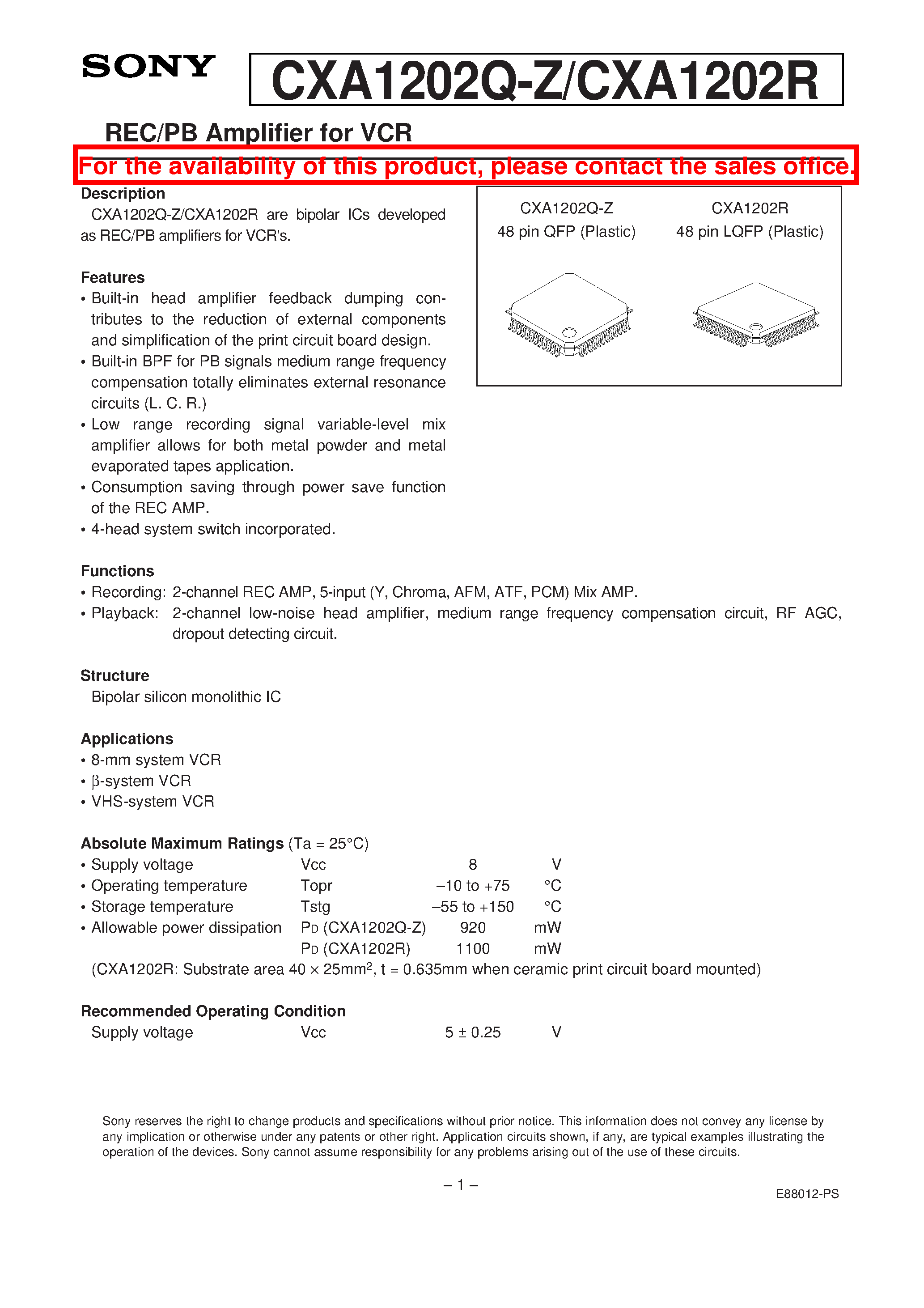 Datasheet CXA1202Q-Z page 1 Datasheet CXA1202Q-Z - REC/PB Amplifier for VCR page 1