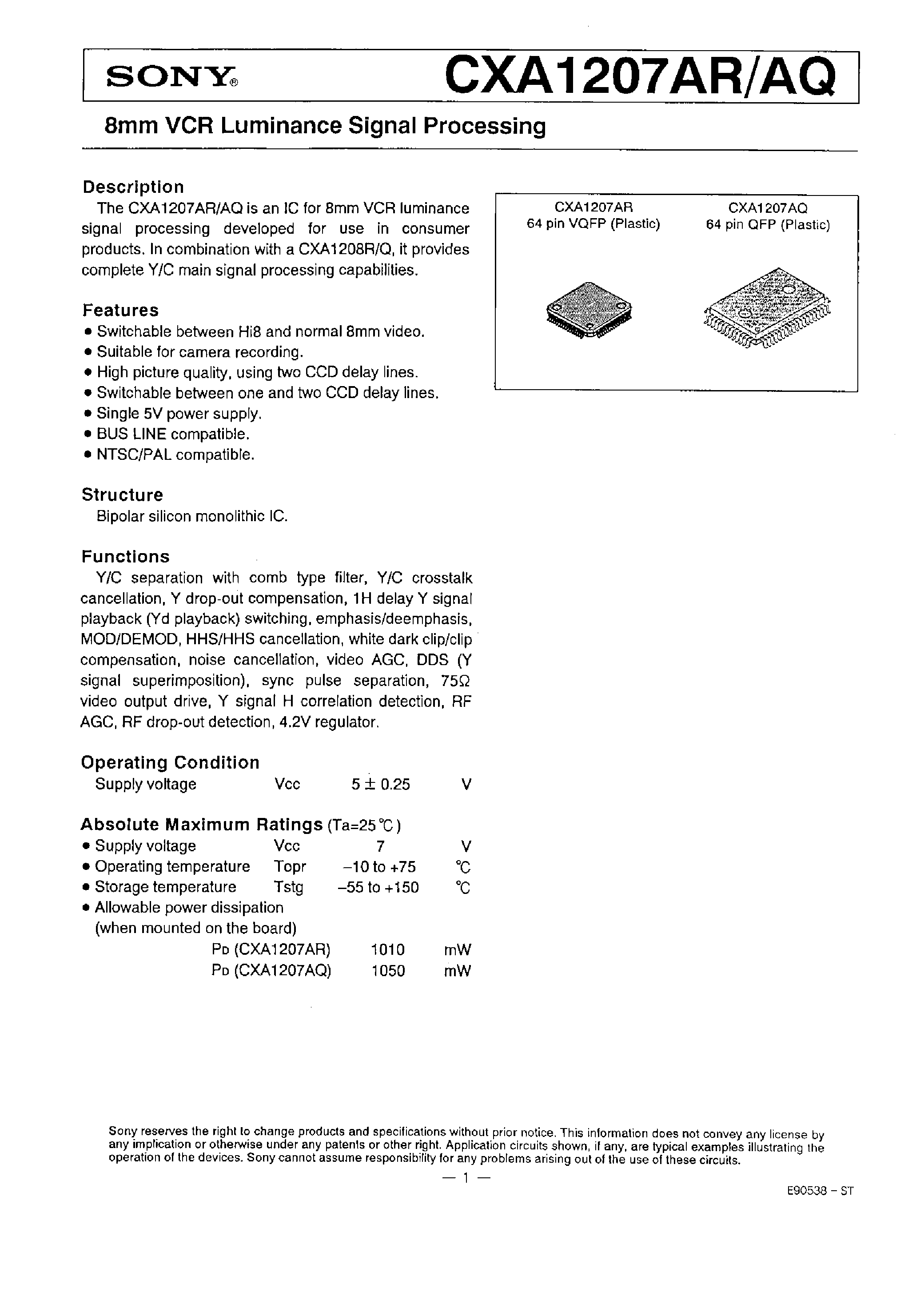 Даташит CXA1207 - 8 mm VCR LUMINANCE SIGNAL PROCESSING страница 1