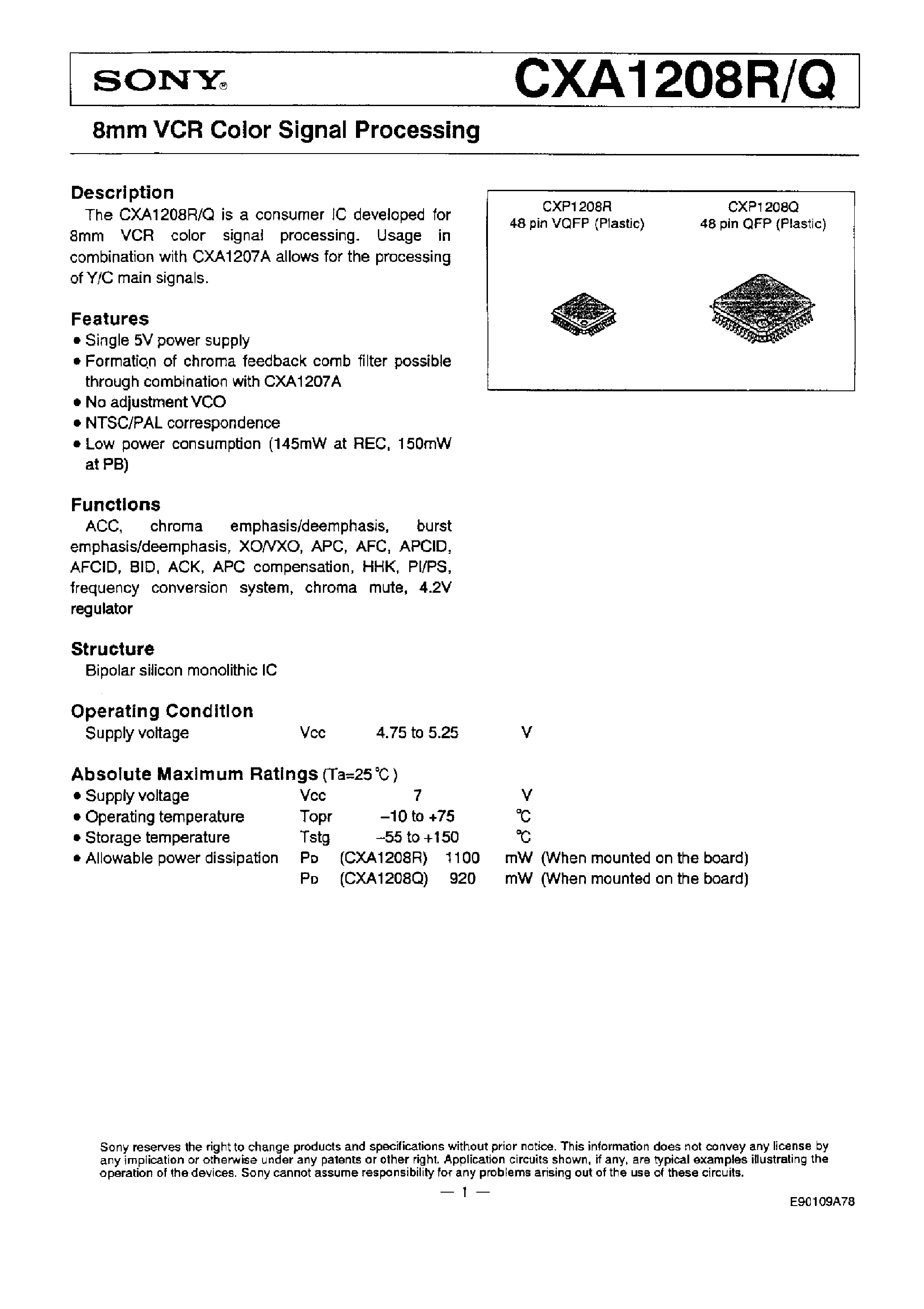 Даташит CXA1208R - 8 mm VCR COLOR SIGNAL PROCESSING страница 1