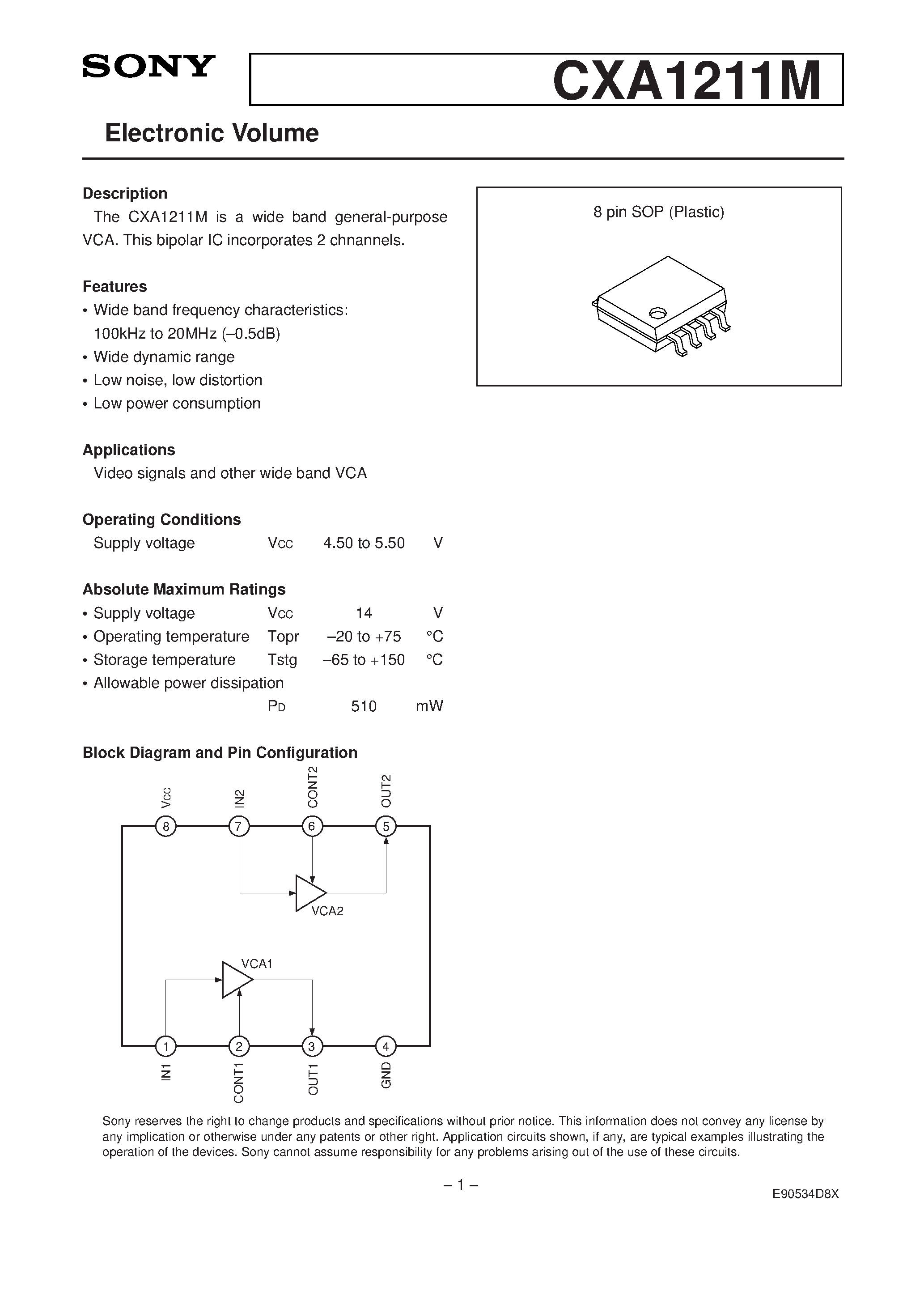 Даташит на микросхему CXA1211 страница 1 Даташит CXA1211 - Electronic Volume/ This bipolar IC incorporates 2 chnannels. страница 1