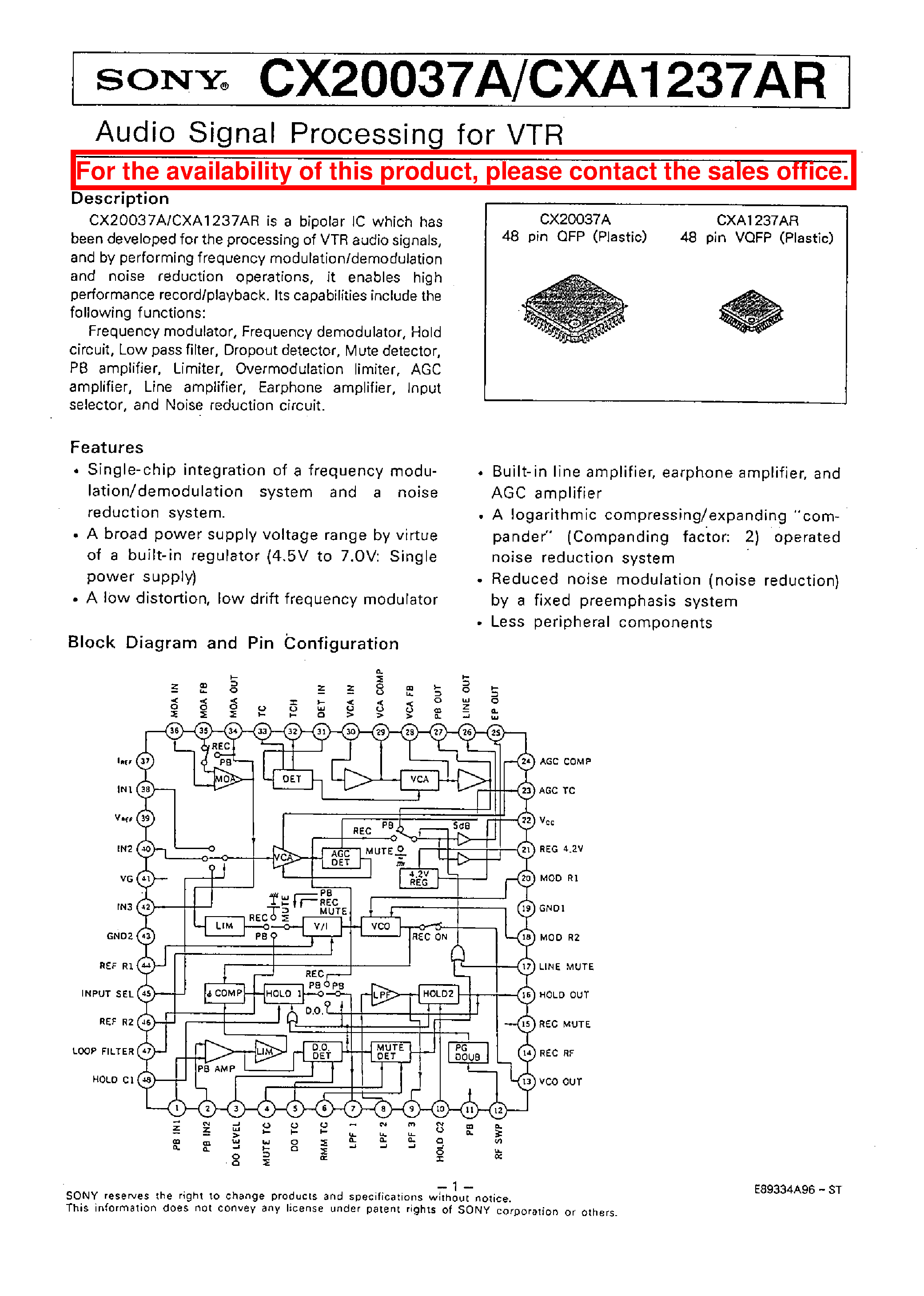 Даташит CXA1237AR - AUDIO SIGNAL PROCESSING FOR VTR страница 1